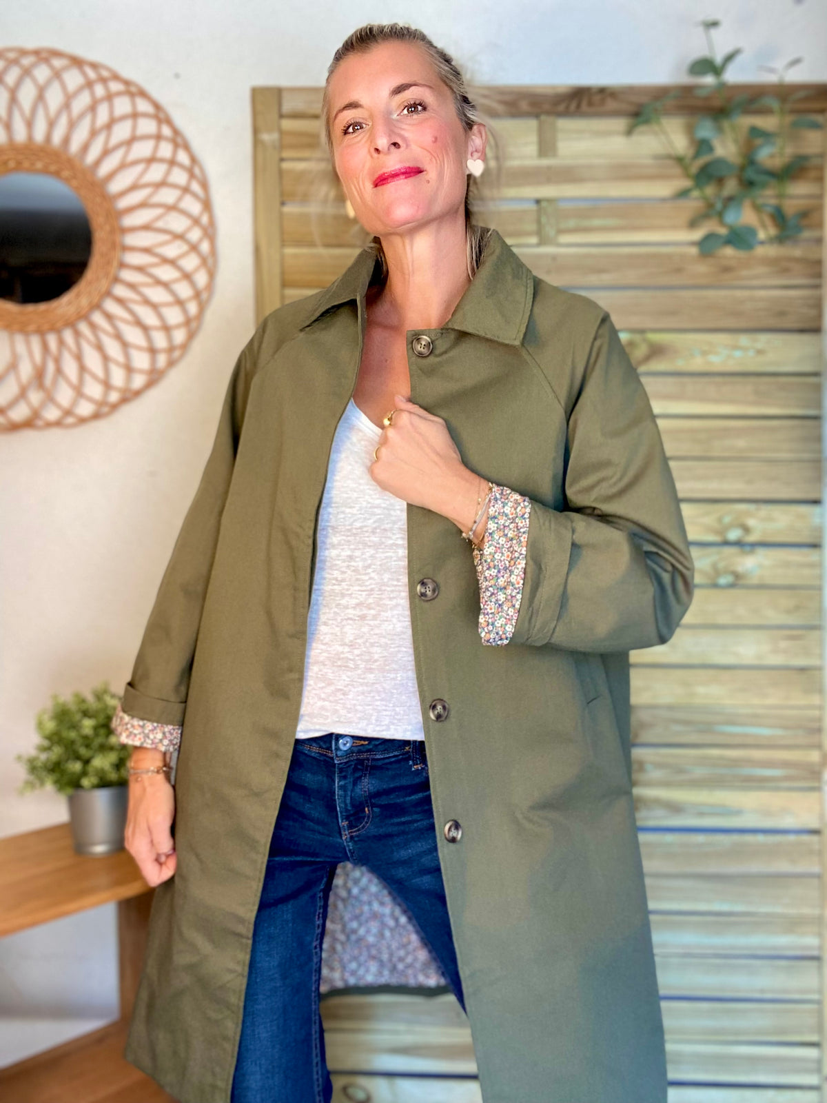 Veste Trench en coton kaki avec Liberty - MAHAUT MI LONG - LILI et LALA • DÉSTOCKAGE sur Taille S