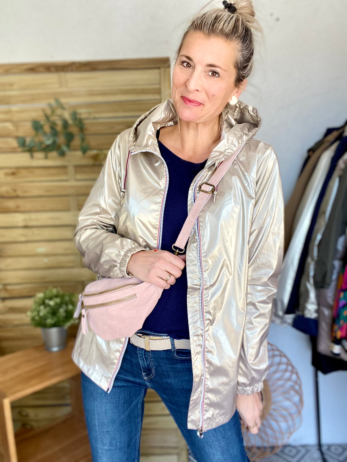 Sac banane double poche en cuir daim - OPALINE - Rose clair / Vieux rose