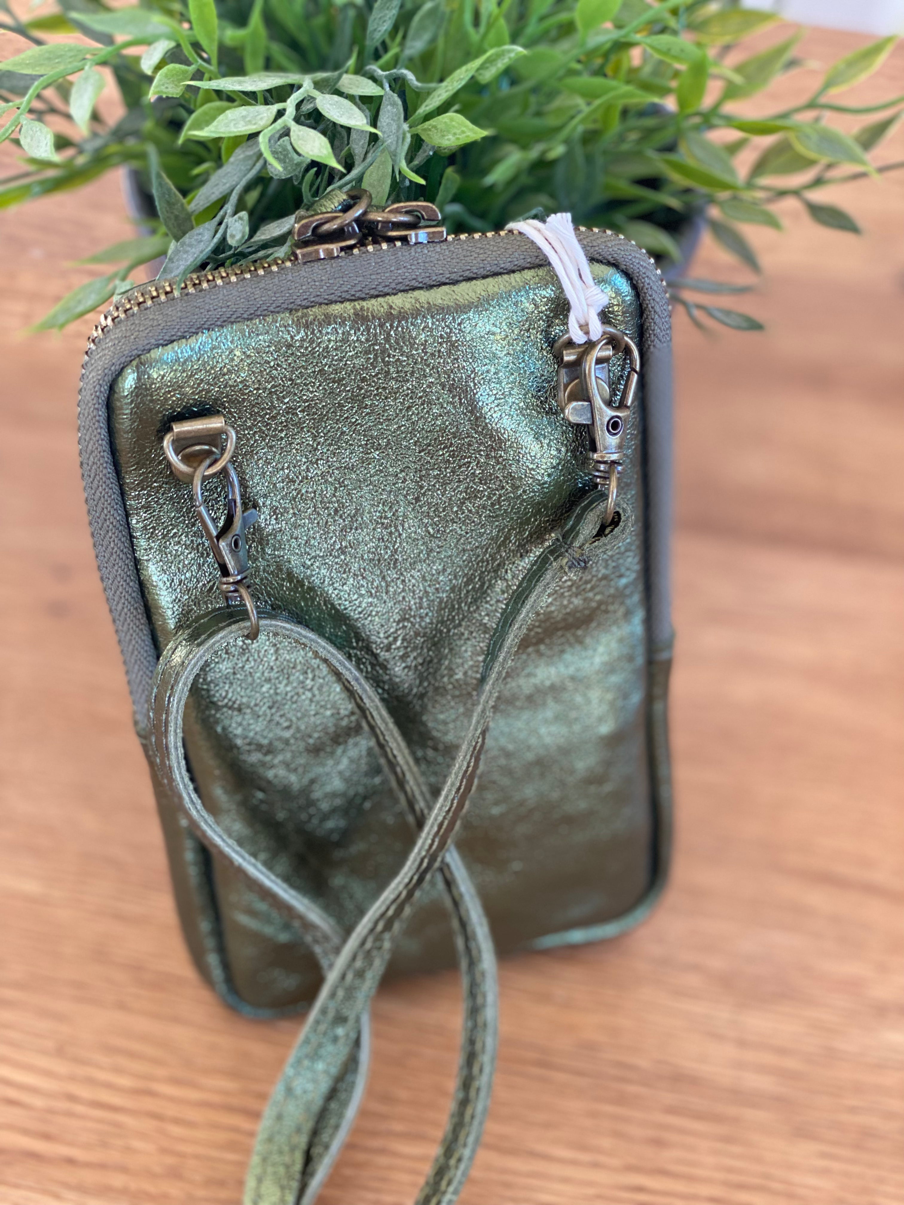 Pochette bandoulière pour téléphone en cuir irisé - STELLA - Kaki - FIN DE SÉRIE