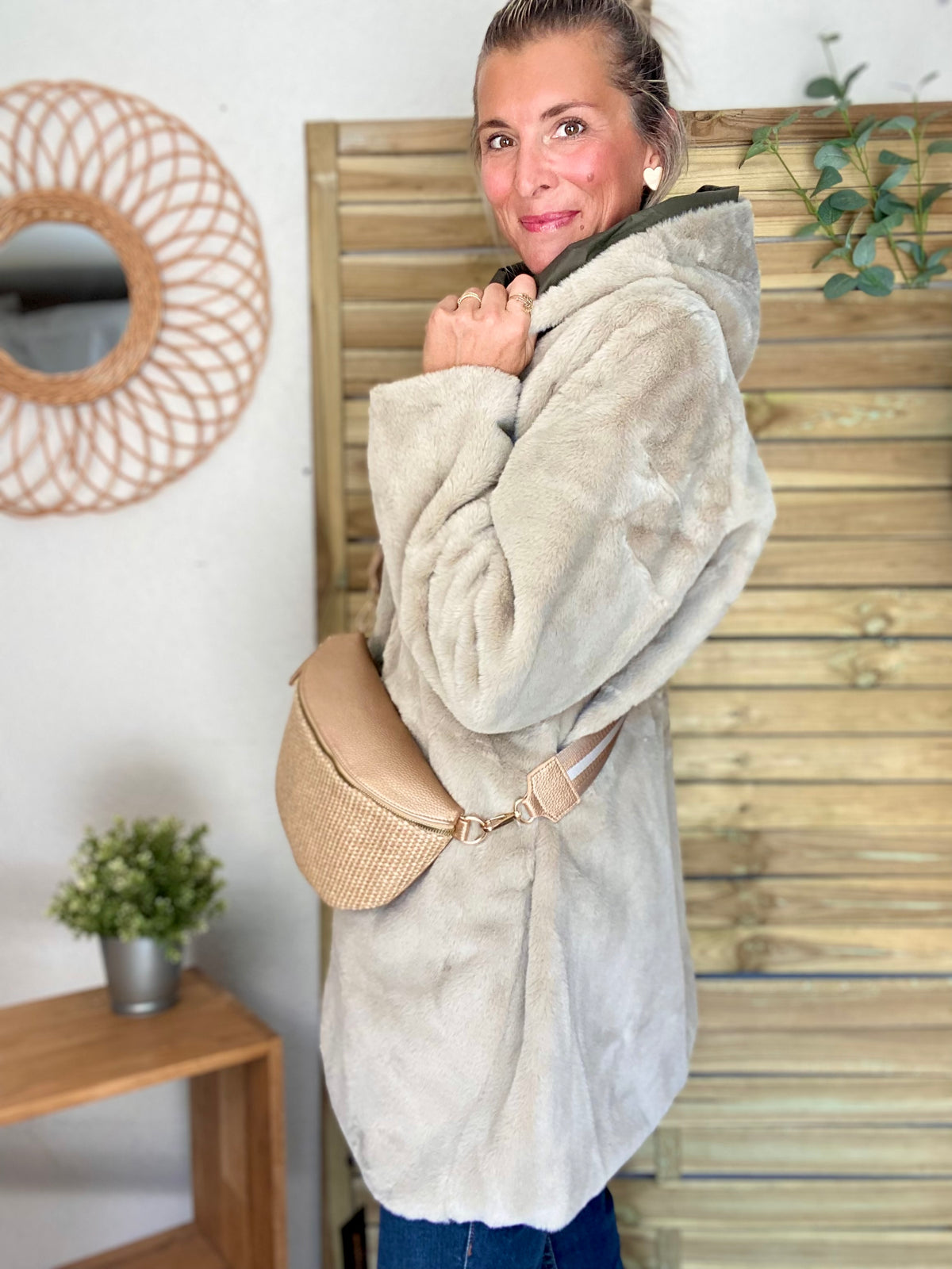 LAURA JO - Parka Imperméable réversible fourrée Kaki / Beige ALIX Long