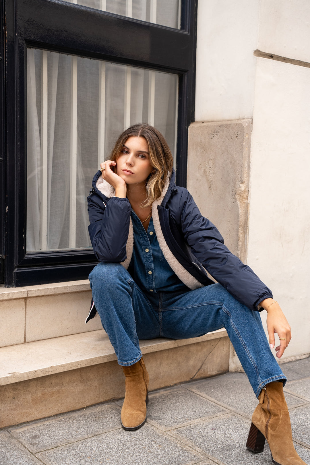LAURA JO - Parka Imperméable LOUISE COURT sherpa - Bleu marine • DÉSTOCKAGE Taille L