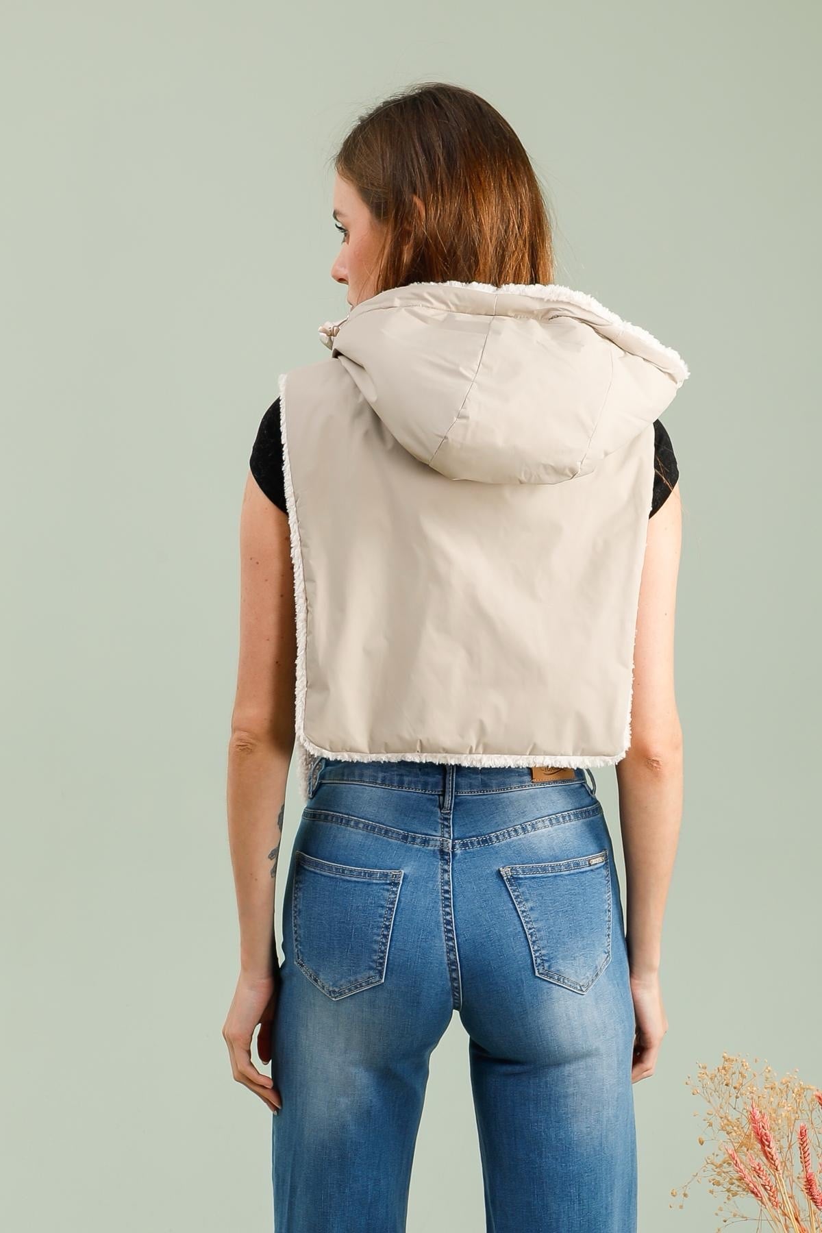 LAURA JO - Col capuche amovible réversible TONY - Beige / Sherpa écru