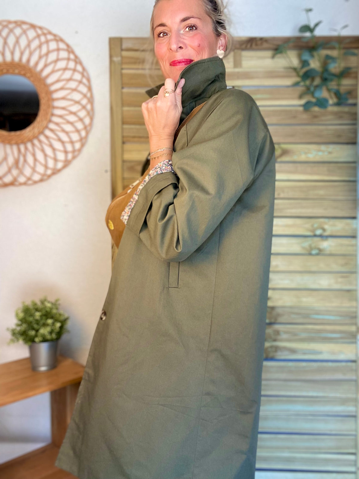 Veste Trench en coton kaki avec Liberty - MAHAUT MI LONG - LILI et LALA • DÉSTOCKAGE sur Taille S