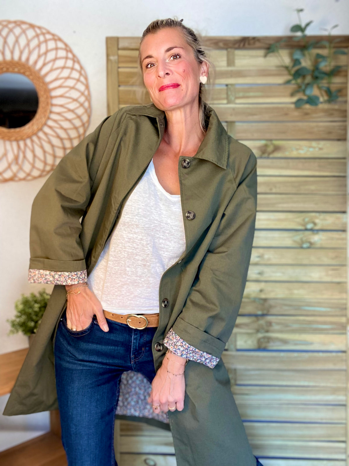 Veste Trench en coton kaki avec Liberty - MAHAUT MI LONG - LILI et LALA • DÉSTOCKAGE sur Taille S