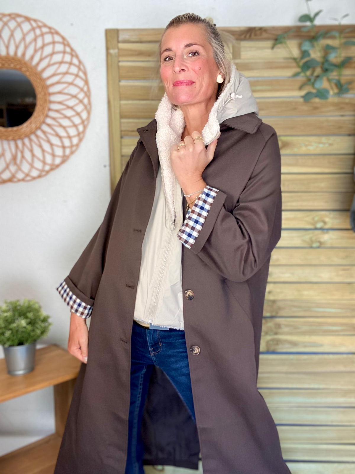 LAURA JO - Col capuche amovible réversible TONY - Beige / Sherpa écru