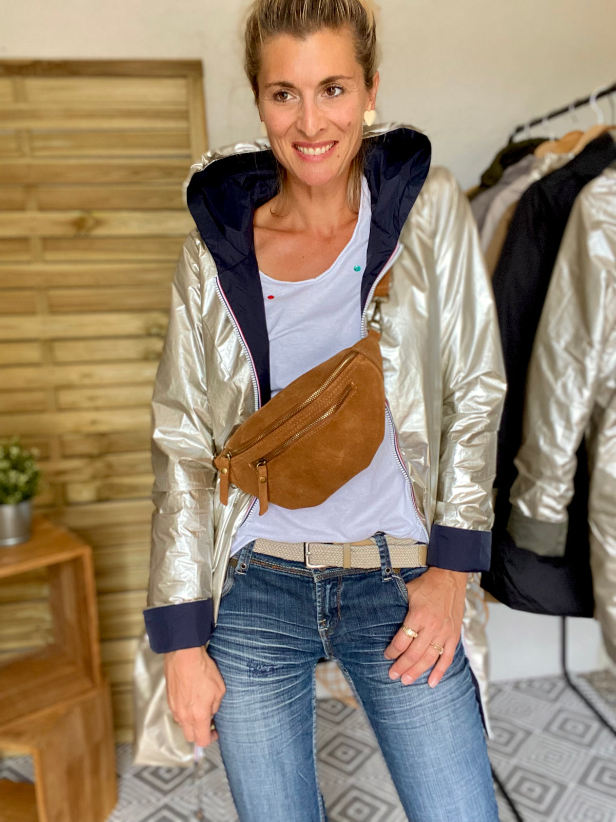 Sac banane double poche en cuir daim - OPALINE - Camel