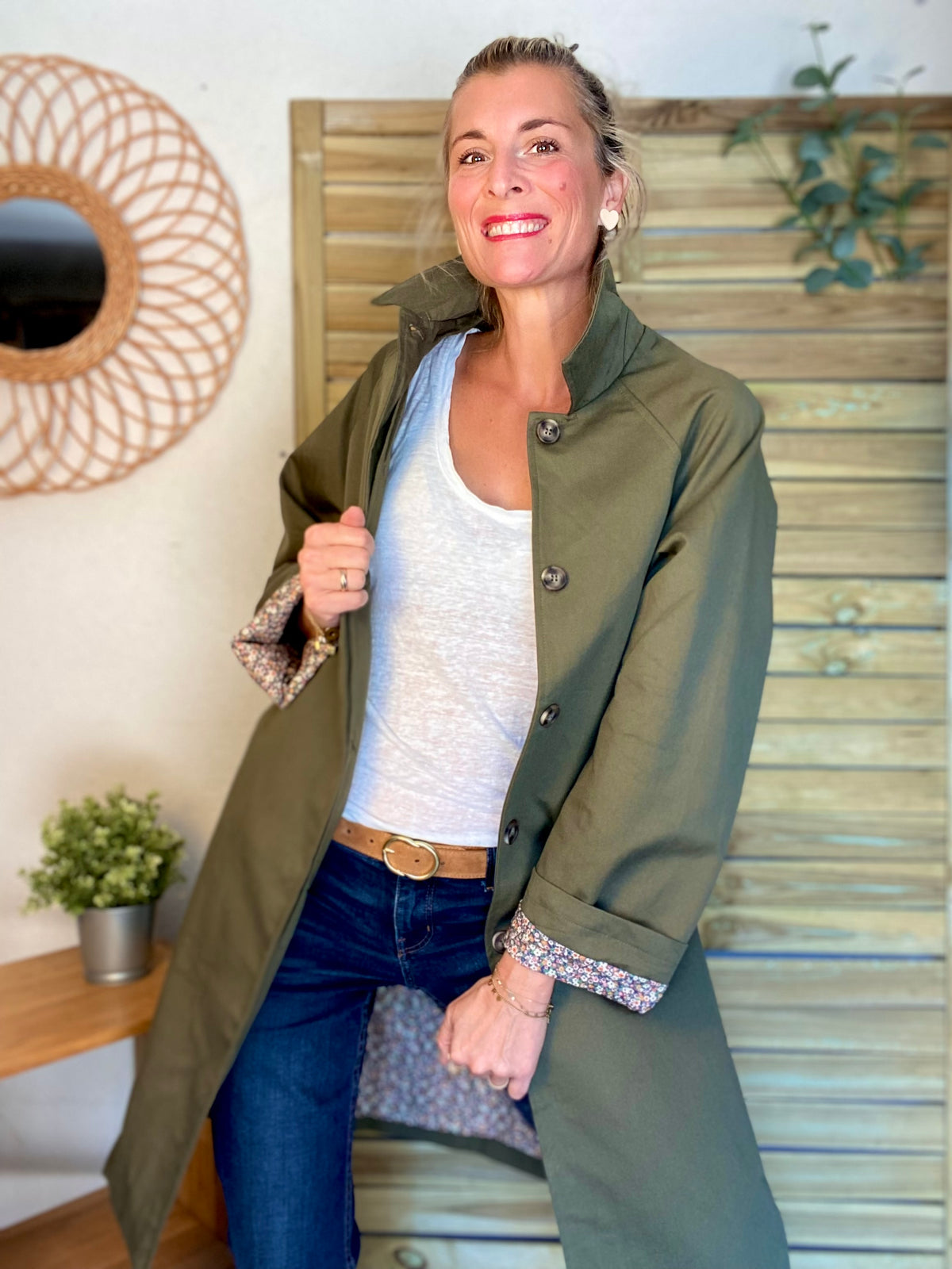 Veste Trench en coton kaki avec Liberty - MAHAUT MI LONG - LILI et LALA • DÉSTOCKAGE sur Taille S