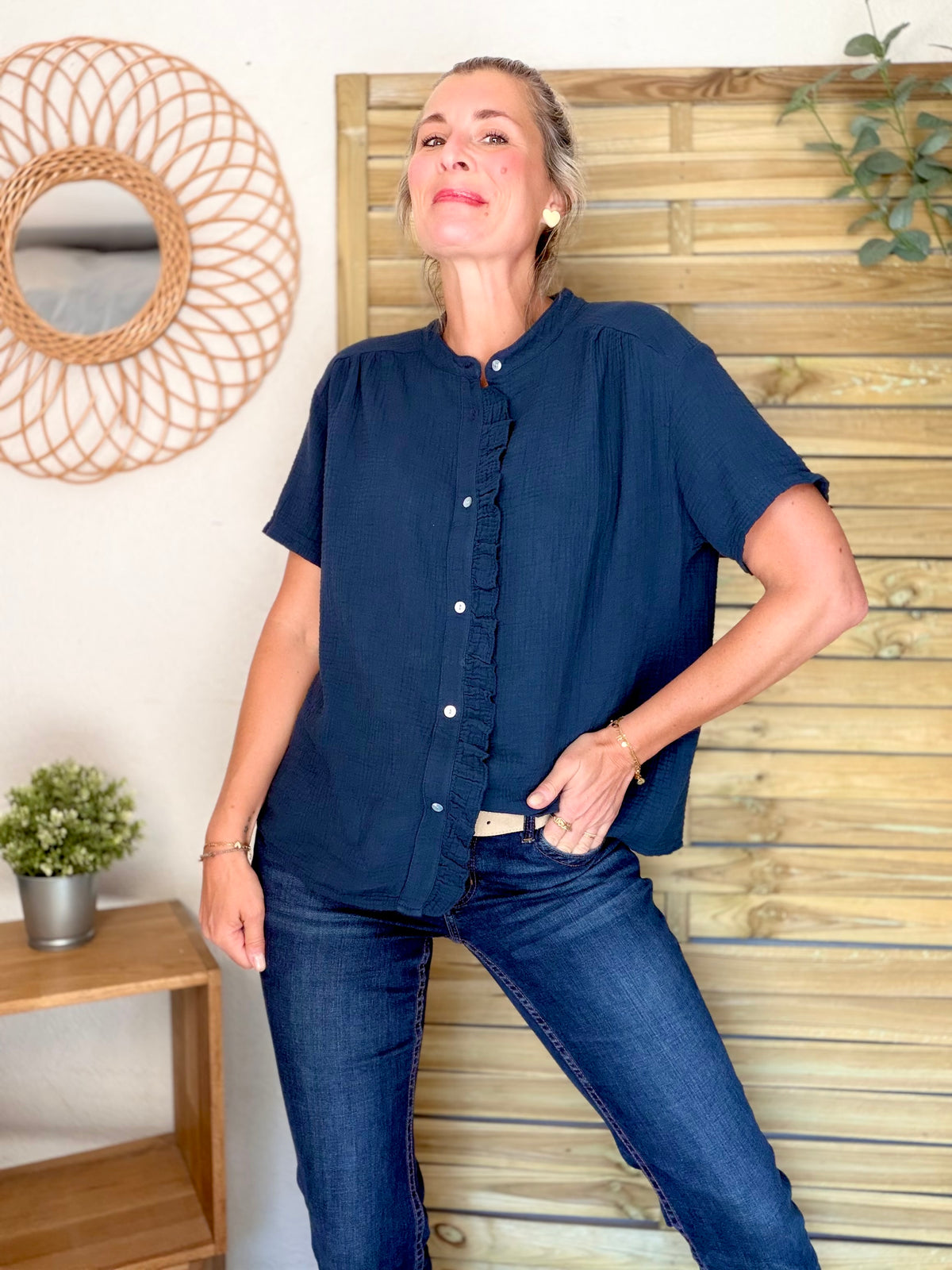 Blouse en gaze de coton ANAËLLE Bleu marine