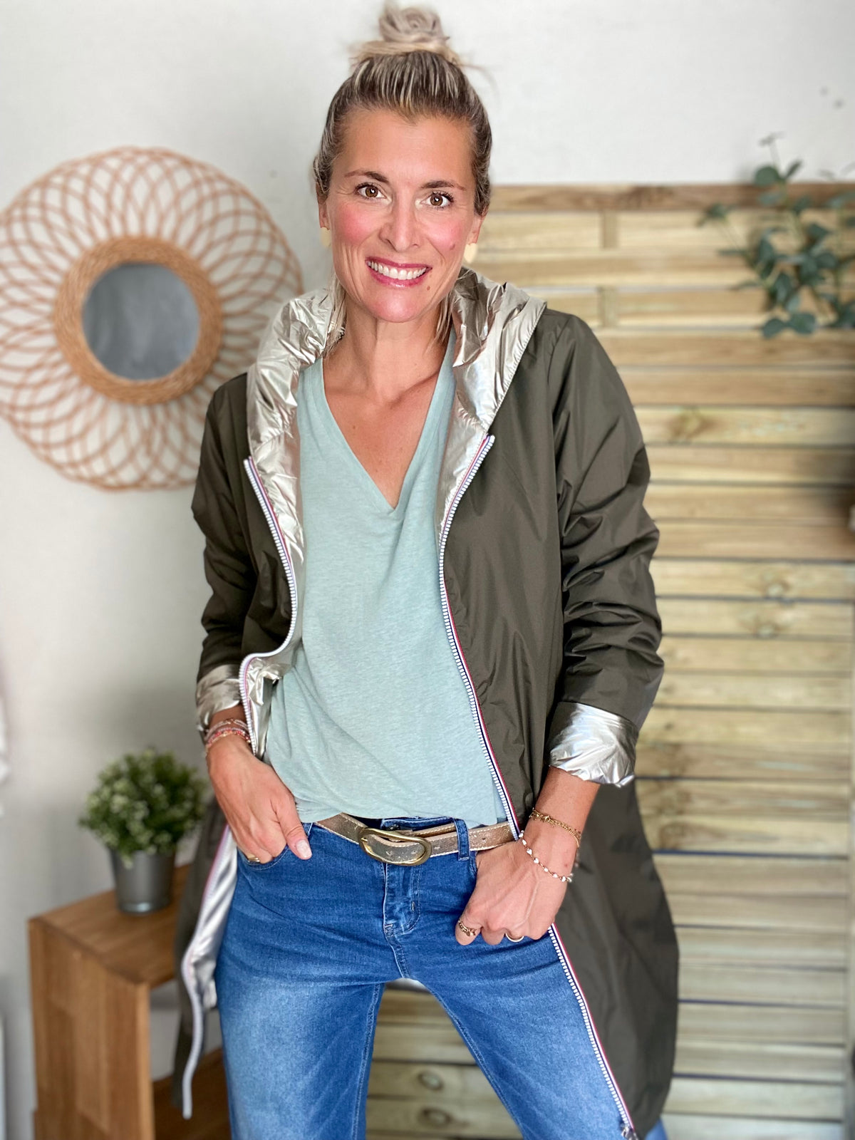 LAURA JO - Imperméable réversible rembourré LOUISON LONG - Kaki/Doré