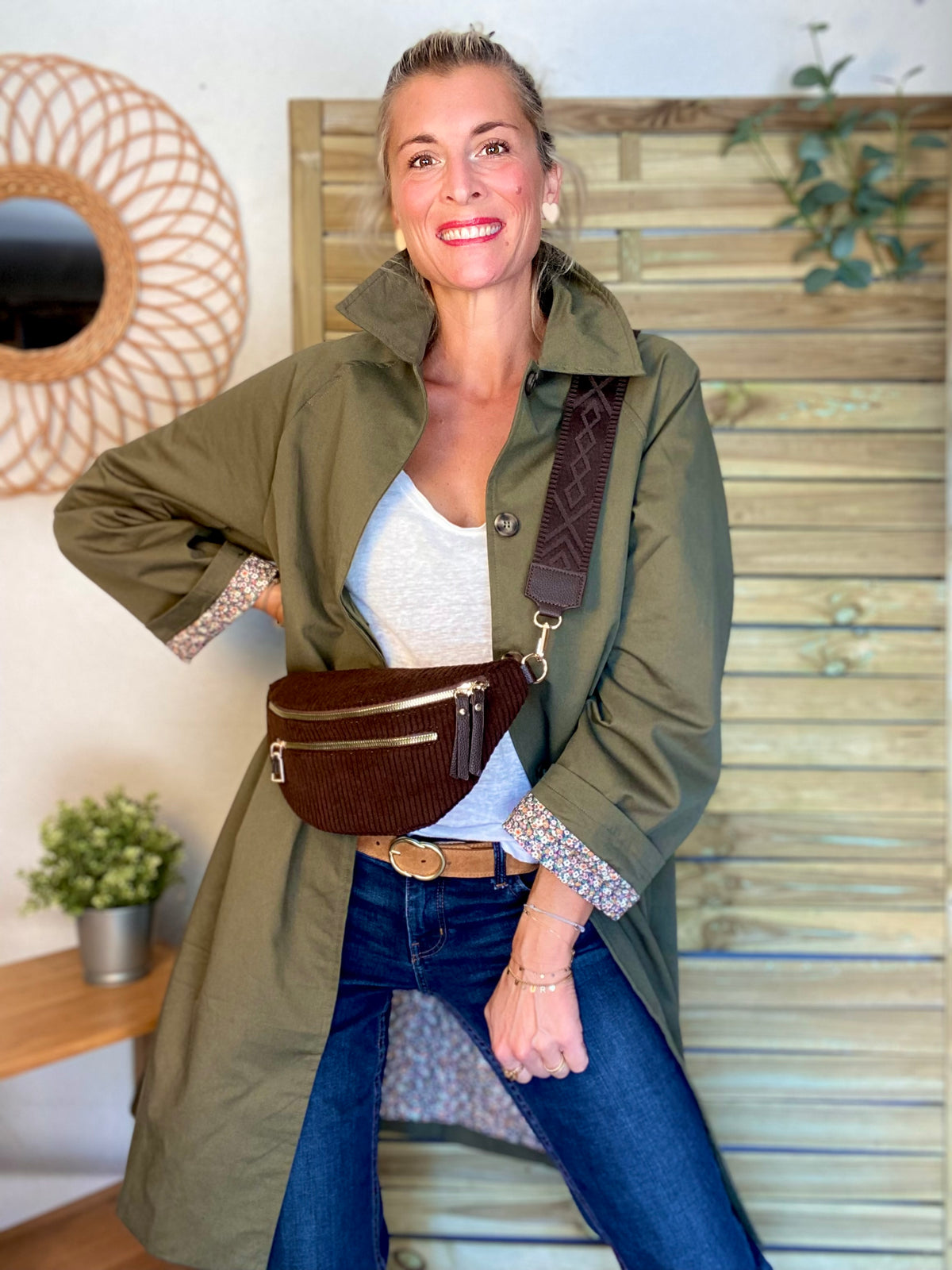 Veste Trench en coton kaki avec Liberty - MAHAUT MI LONG - LILI et LALA • DÉSTOCKAGE sur Taille S