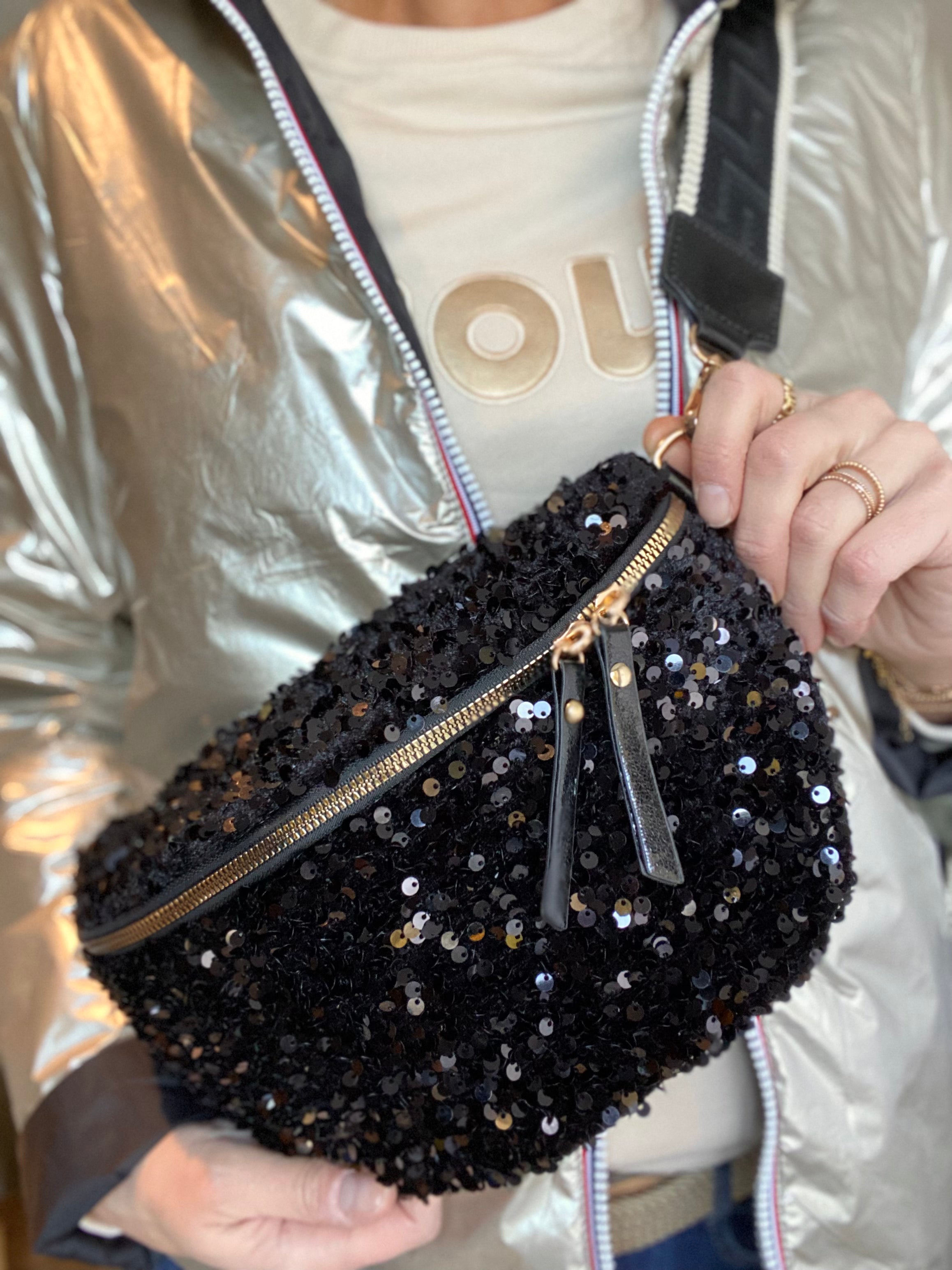 Sac banane L à sequins 30cm et sangle fantaisie - ROXY - Noir