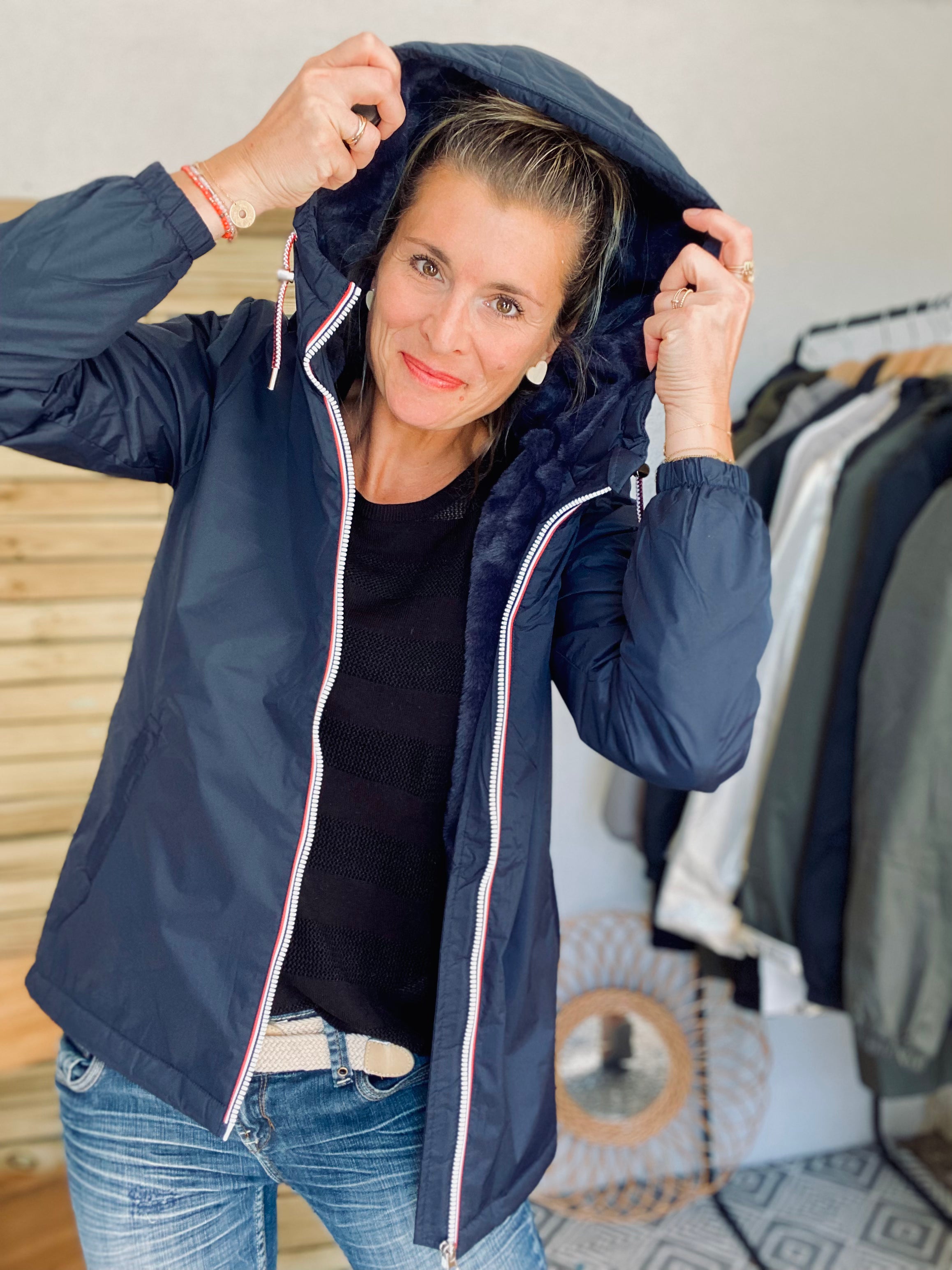 LAURA JO - Parka Imperméable THELMA MI-LONG fourré - Bleu marine