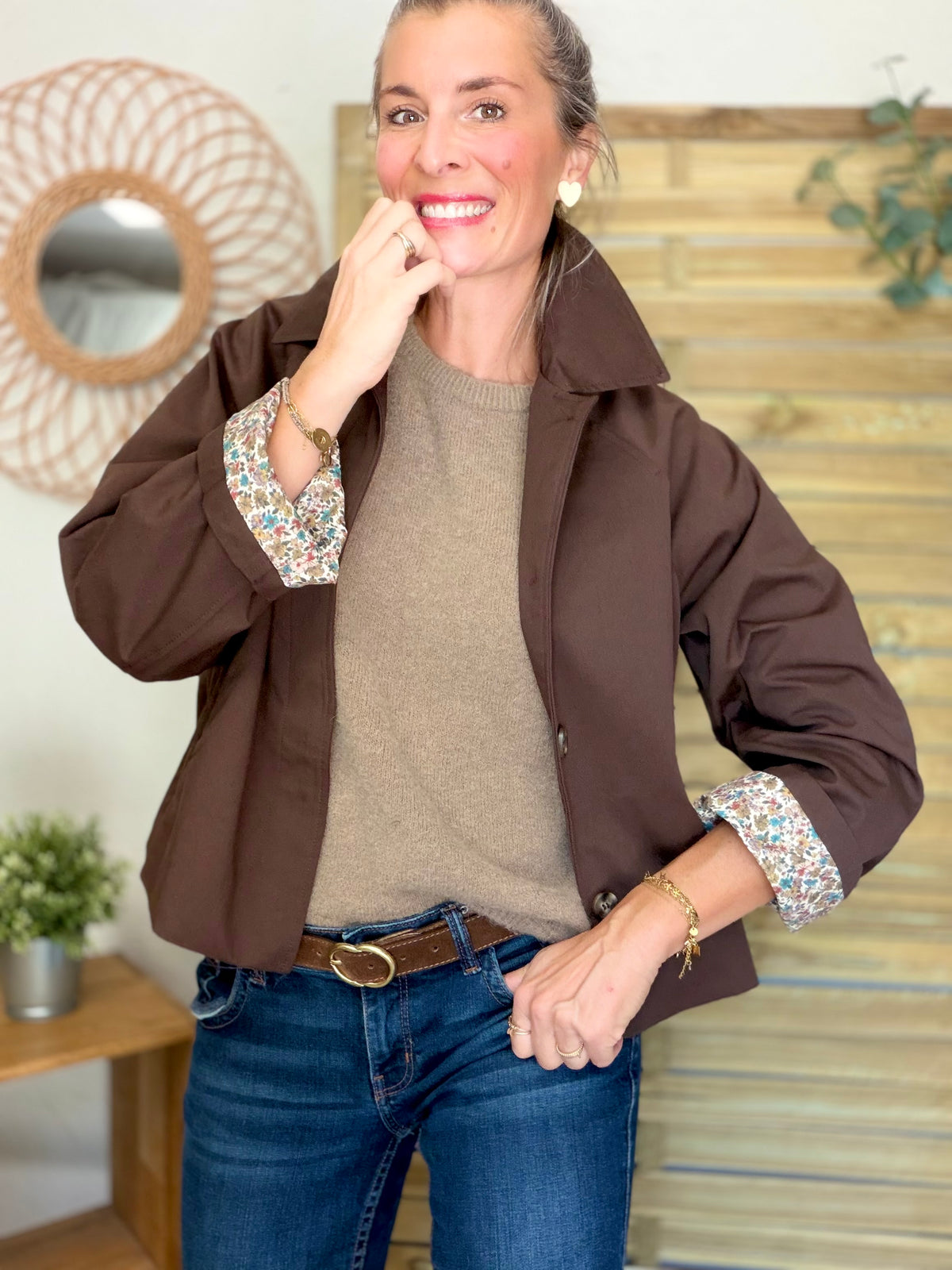 Veste Trench en coton Chocolat avec Liberty - MAHAUT - LILI et LALA