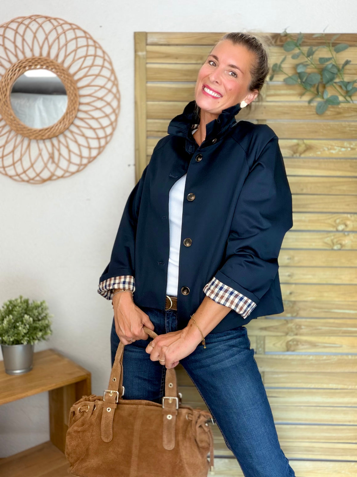 Veste Trench col victorien, doublure carreaux - VICTORIA Bleu marine
