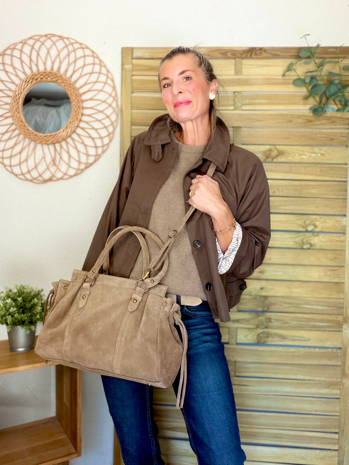 Sac cabas XL en cuir daim • PARKER Taupe
