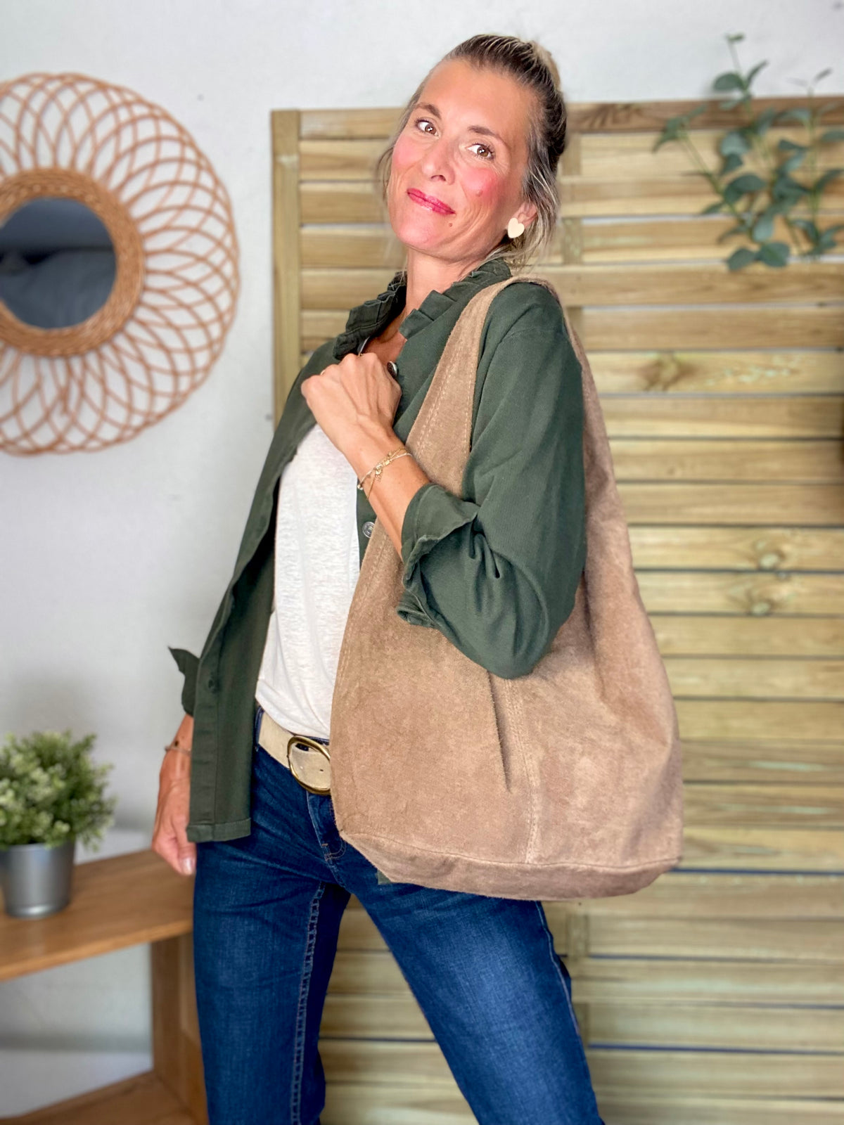 Sac cabas hobo cuir daim MARLON - Beige taupe