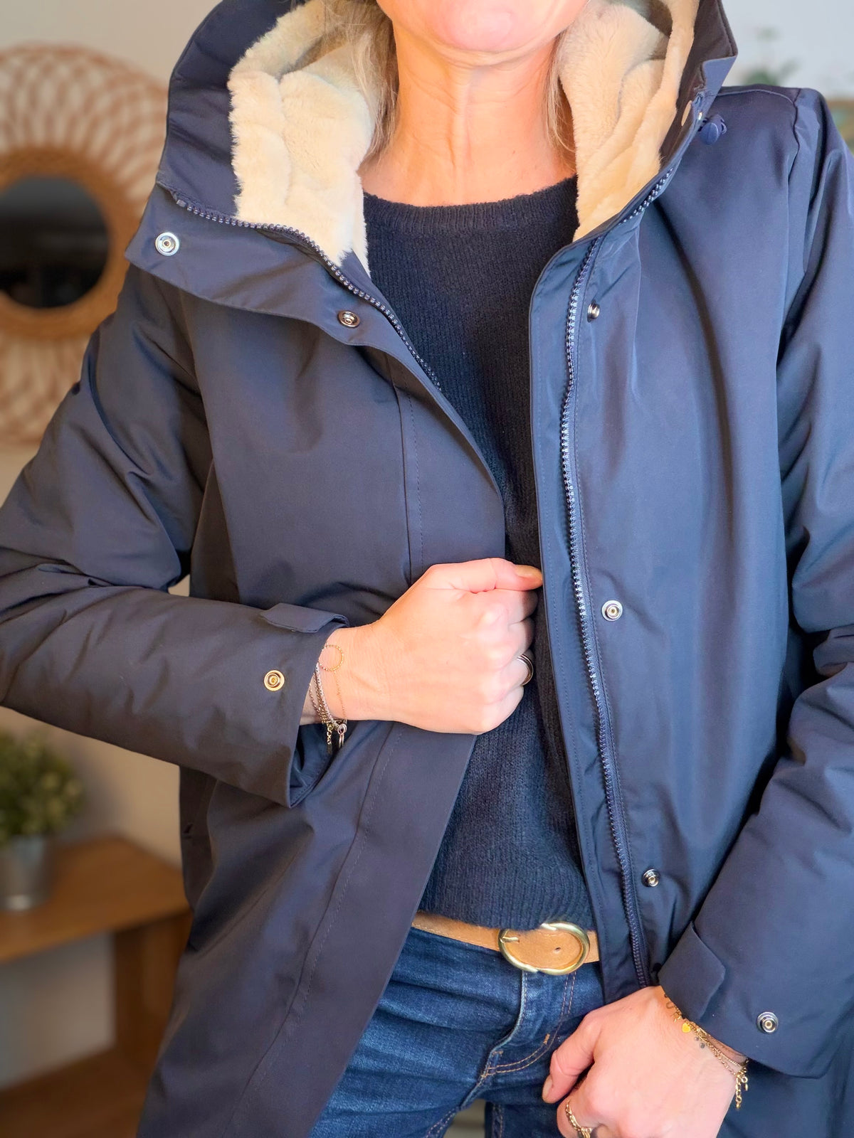 LAURA JO - Parka fourrée imperméable AMBRE LONG - Bleu marine / Beige