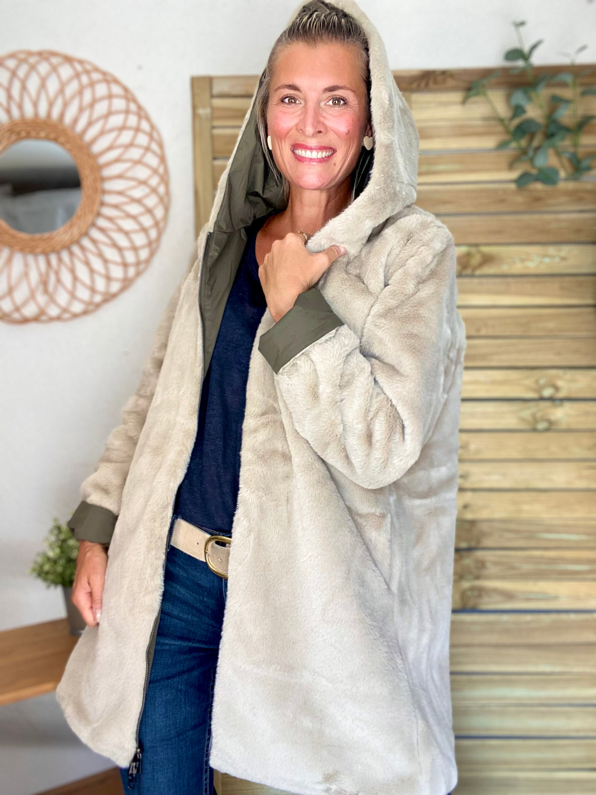 LAURA JO - Parka Imperméable réversible fourrée Kaki / Beige ALIX Long
