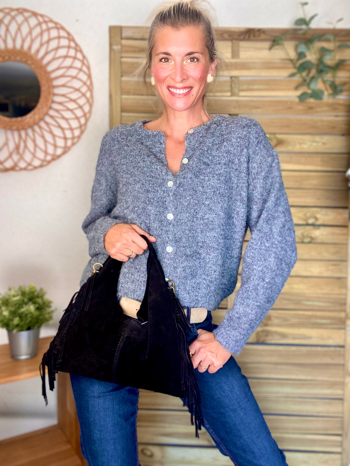 Sac hobo en cuir daim avec franges AARON - Noir - DÉSTOCKAGE
