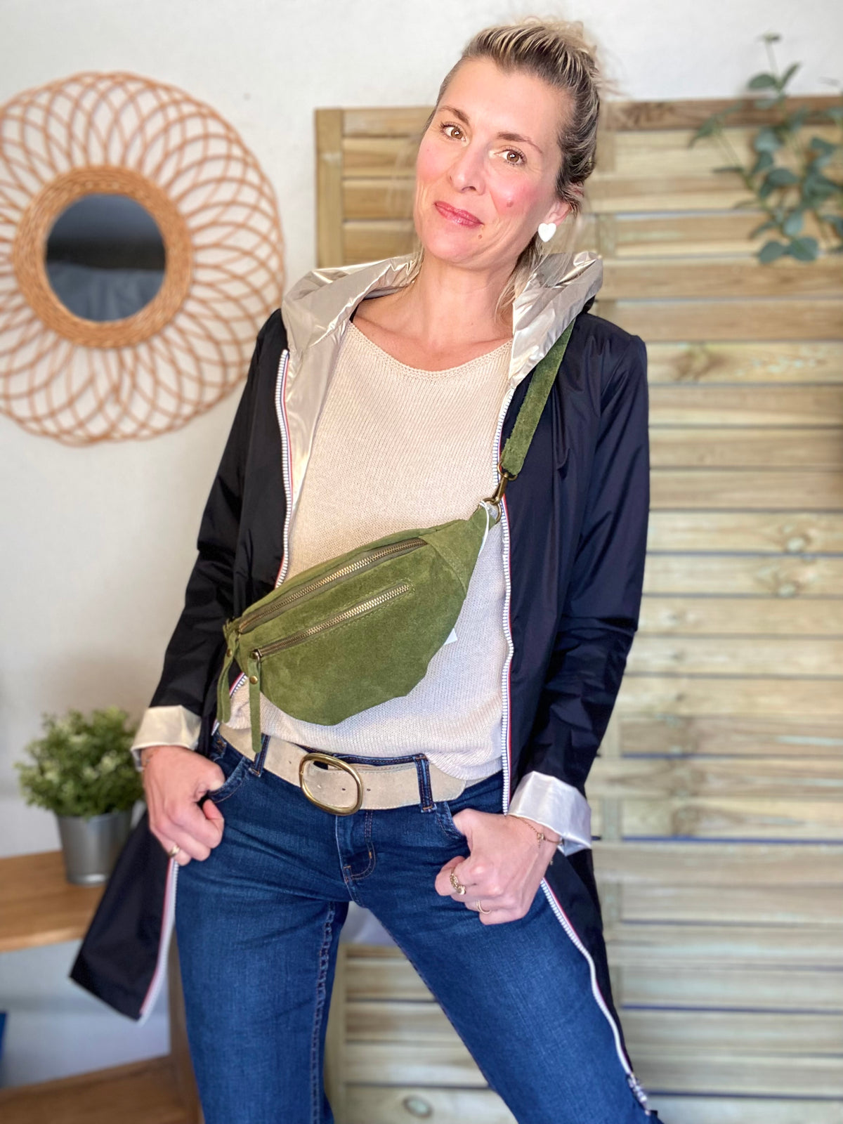 Sac banane double poche en cuir daim - OPALINE - Vert Olive (Kaki clair)