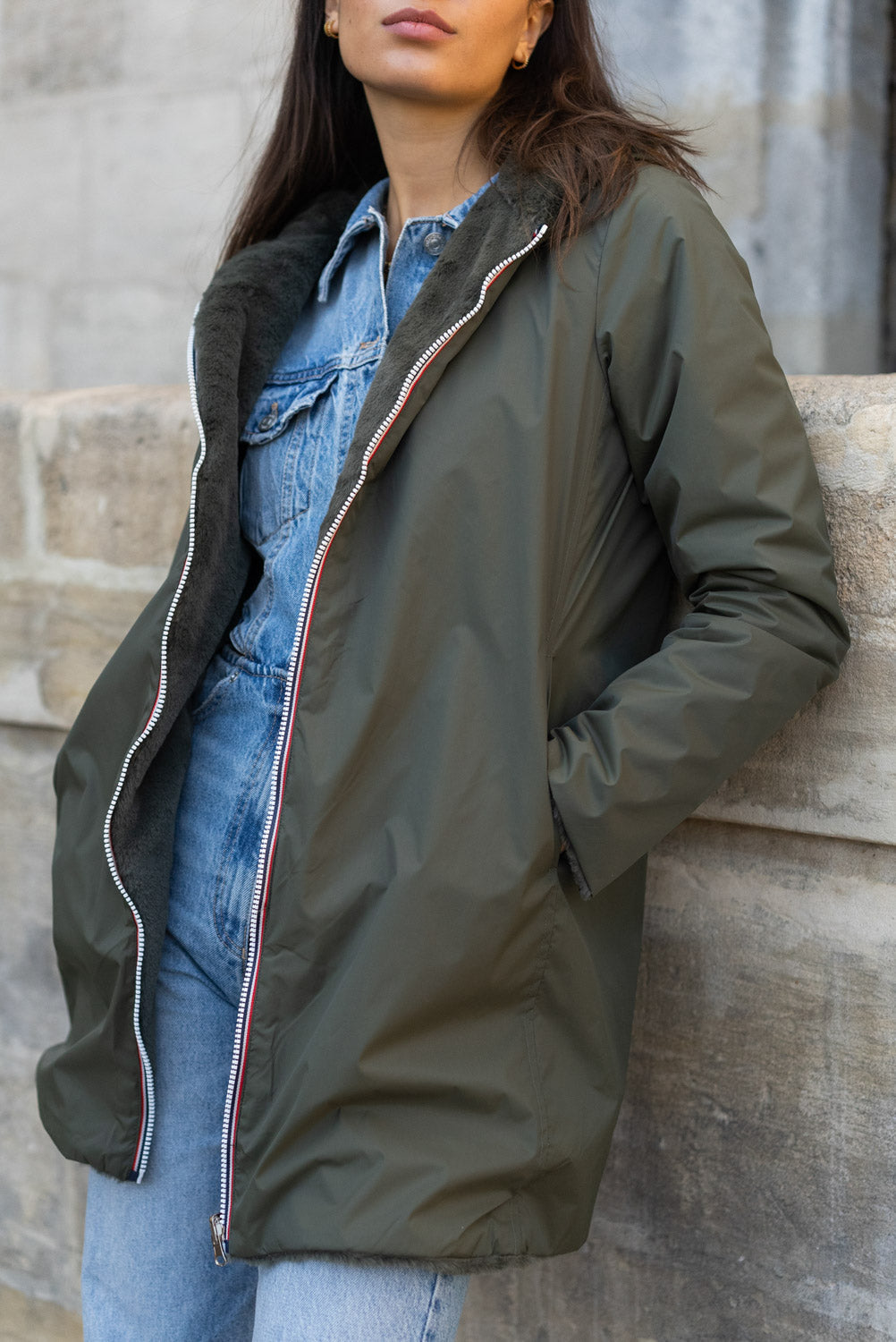 LAURA JO - Parka Imperméable réversible fourrée Kaki / Kaki ALIX Long • DÉSTOCKAGE sur Taille S