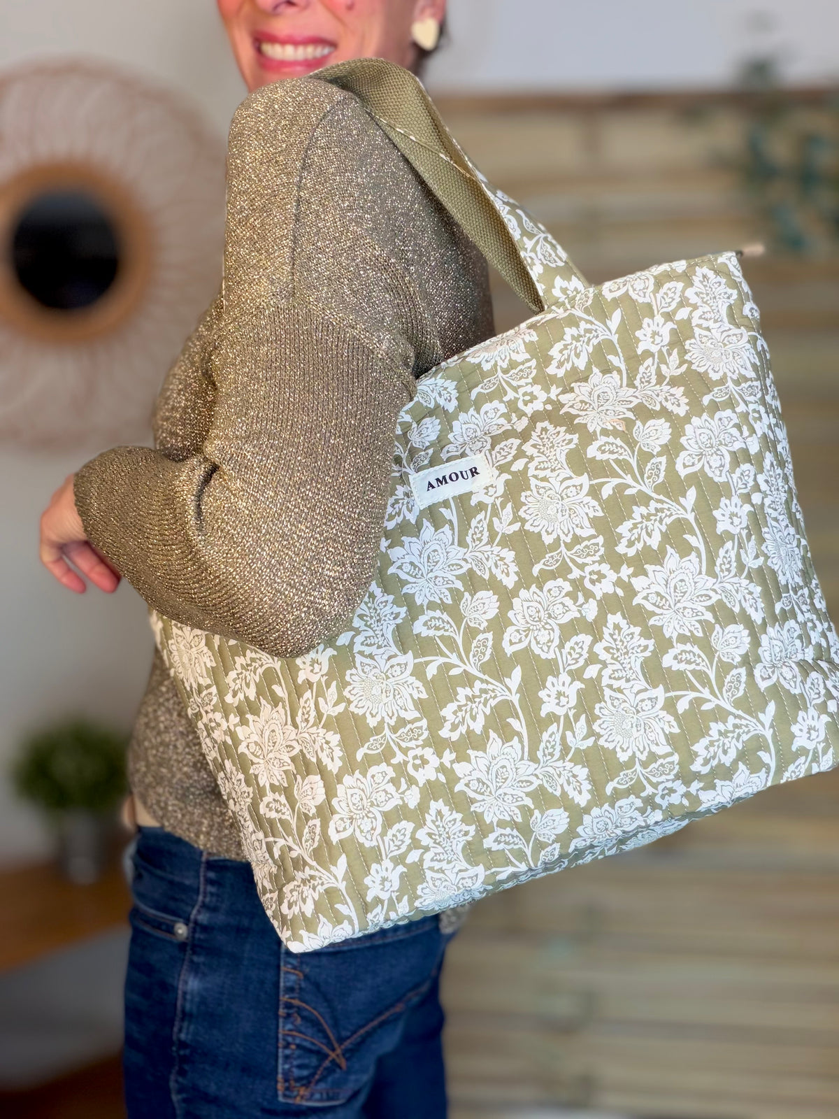 Sac cabas imprimé PIERCE - fleuri Kaki - FIN DE SÉRIE