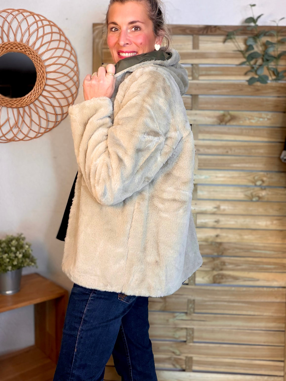 LAURA JO - Parka Imperméable réversible fourrée Kaki / Beige ALIX Court