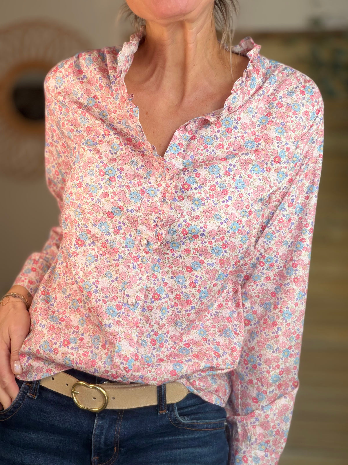 Chemise imprimée Liberty rose clair, col volanté SOLANE (DÉSTOCKAGE sur Taille S)