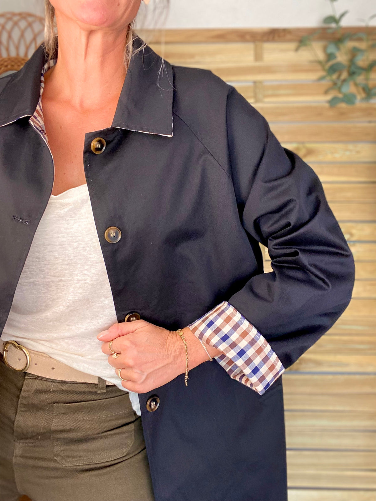 Veste Trench mi long réversible vichy LENA Noir - FIN DE SÉRIE