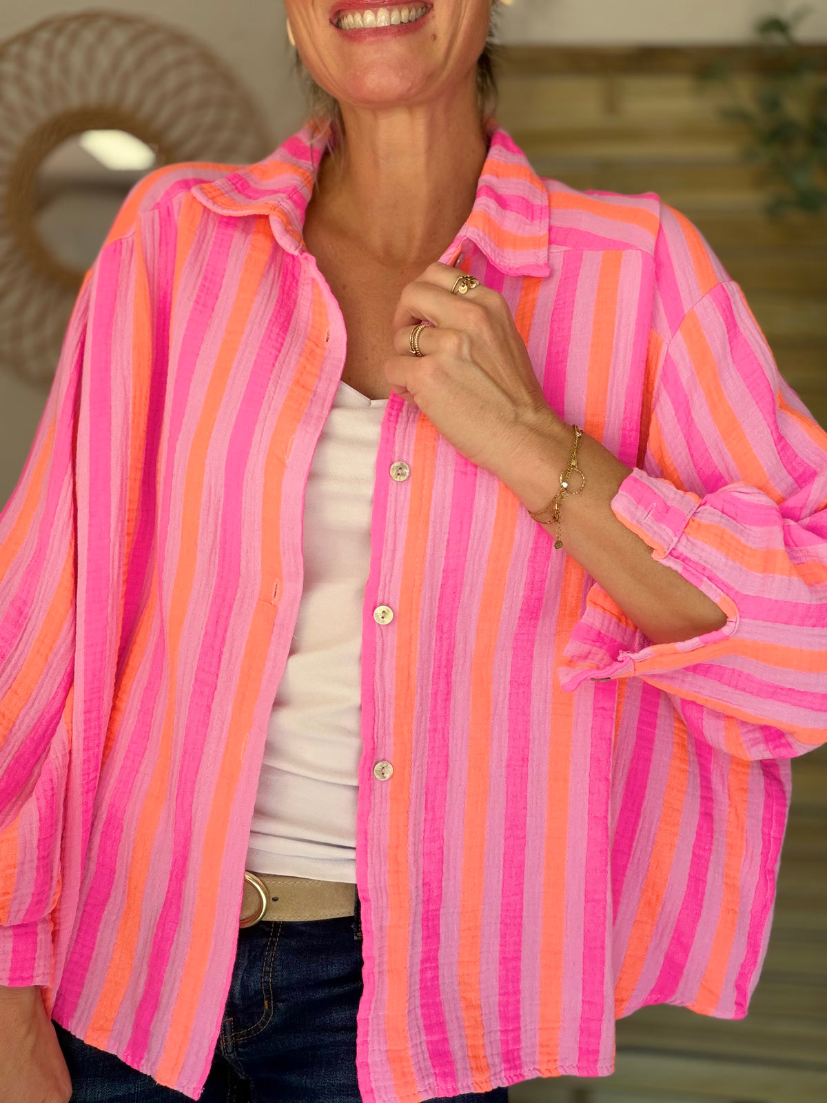 Chemise en gaze de coton rayée FÉLICIE Fluo Parme - DÉSTOCKAGE