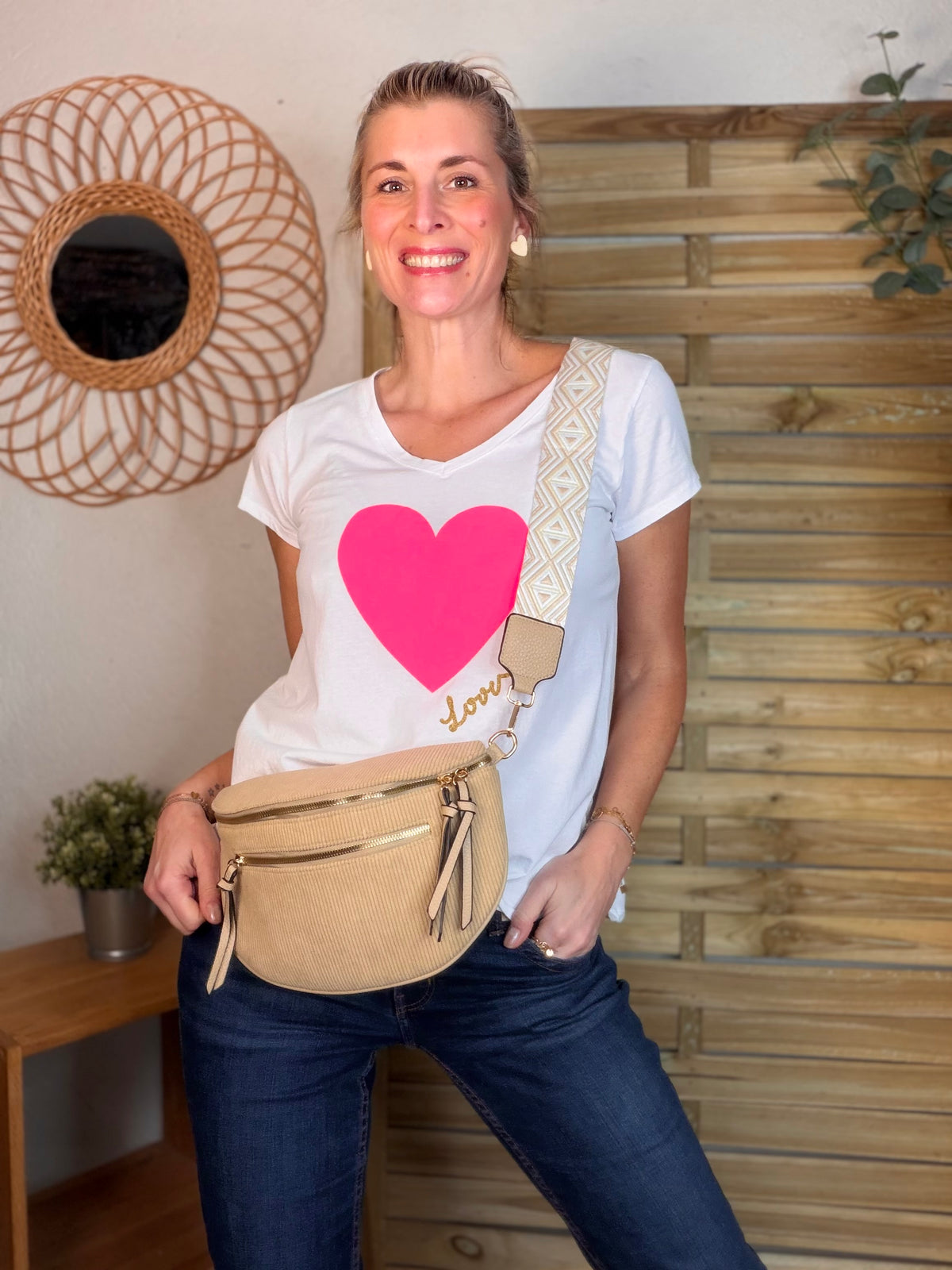 Sac banane en velours côtelé, sangle fantaisie - KATY - Camel clair - FIN DE SÉRIE