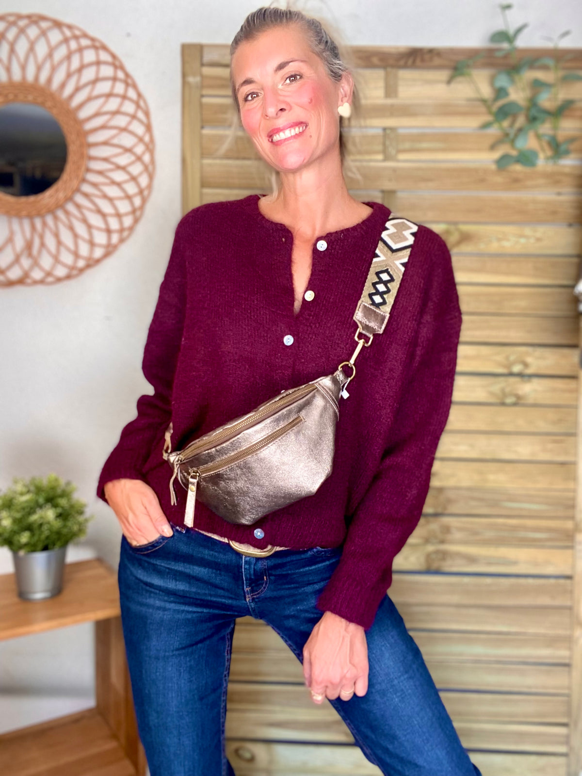 Sac banane en cuir irisé double poche - OPALE - Bronze / Laiton
