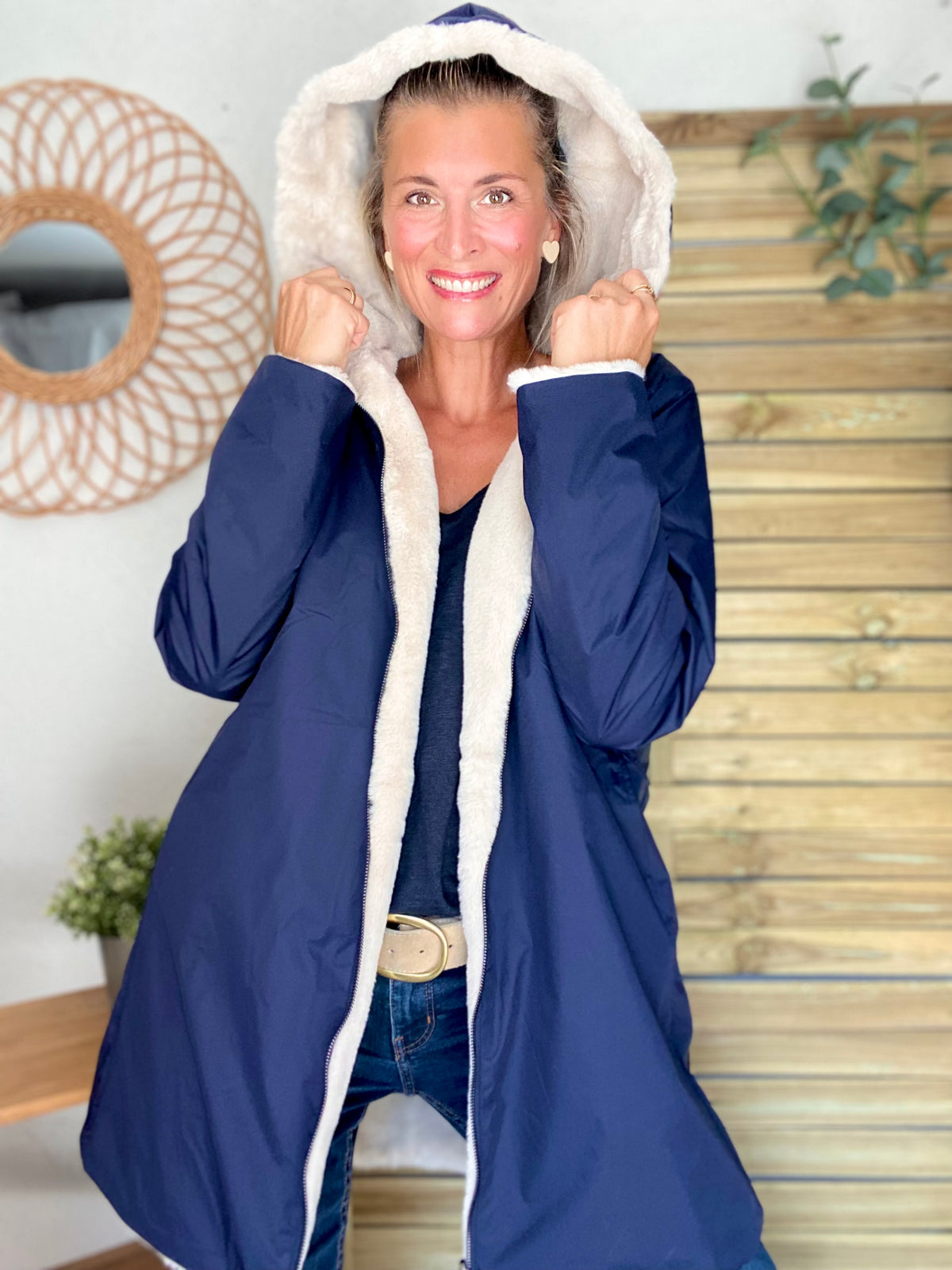 LAURA JO - Parka Imperméable réversible fourrée Bleu marine / Beige ALIX Long