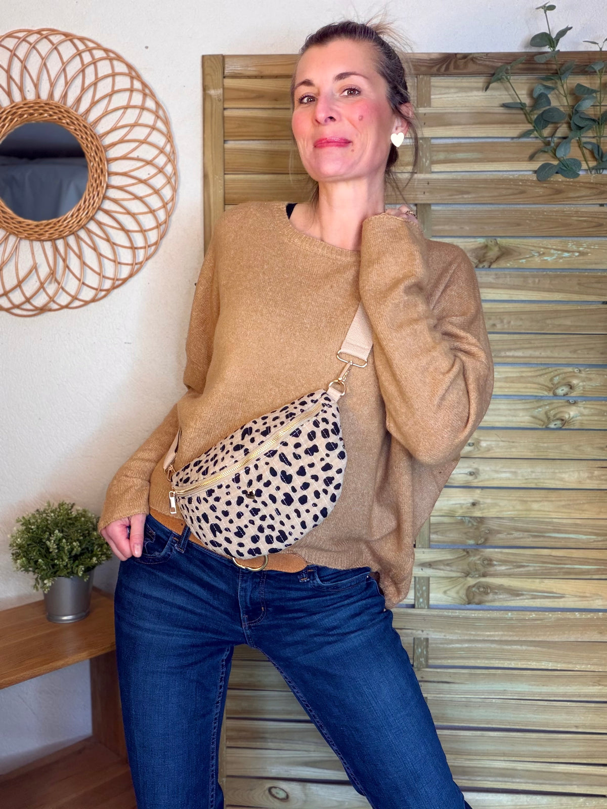 Sac banane L matelassé cœur doré 💛 JOSIE - Tacheté taupe