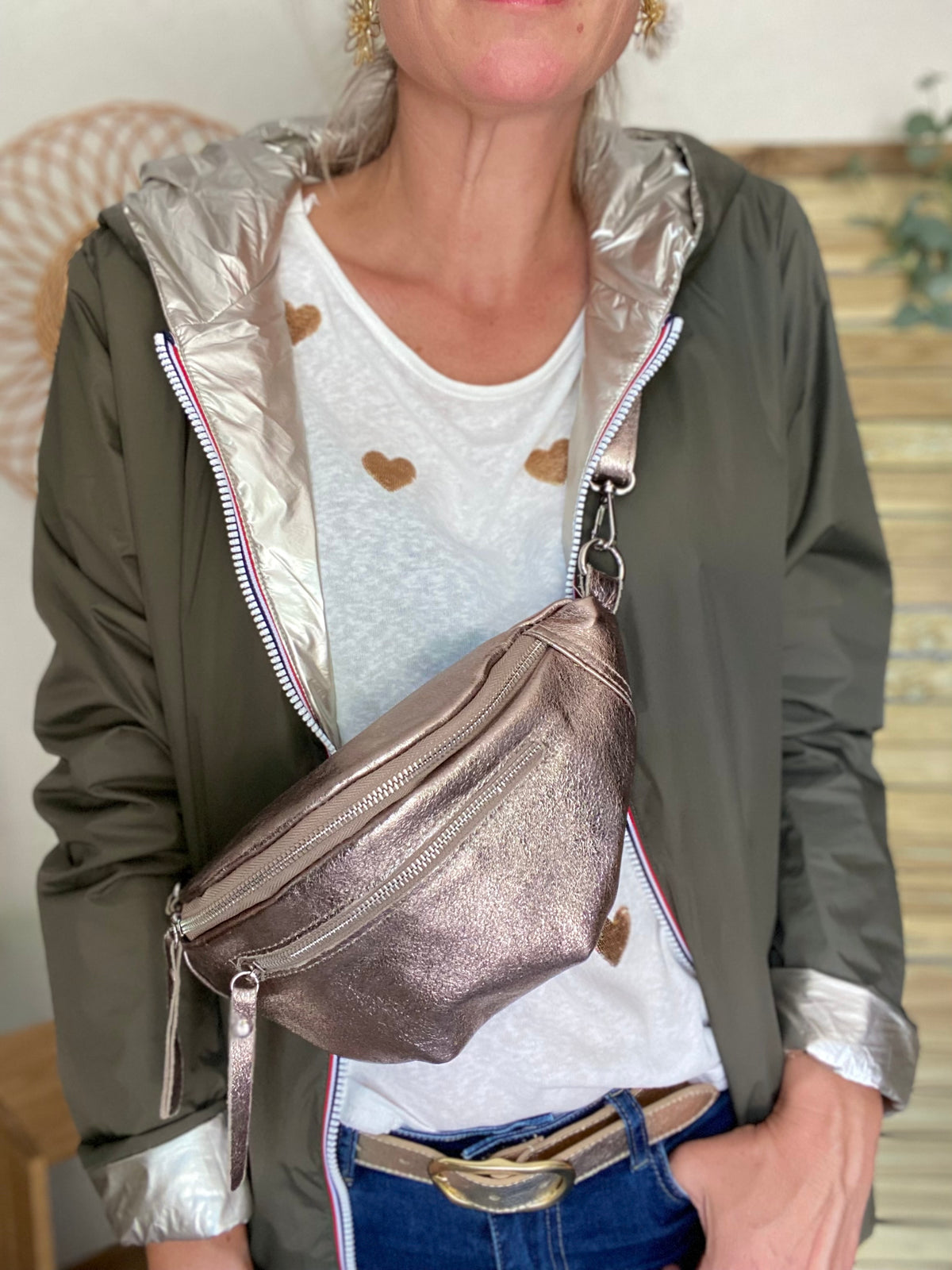 Sac banane en cuir irisé double poche - OPALE - Bronze / argent