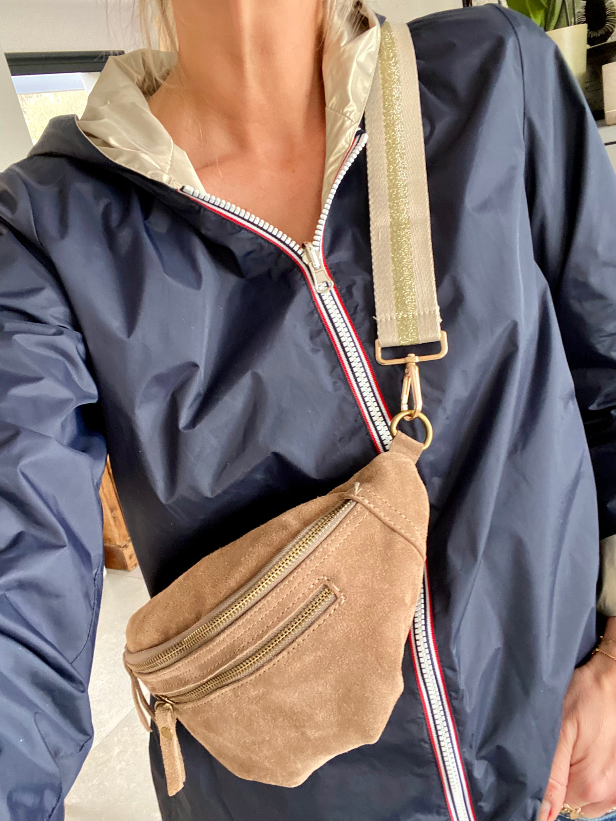 Sac banane double poche en cuir daim - OPALINE - Taupe