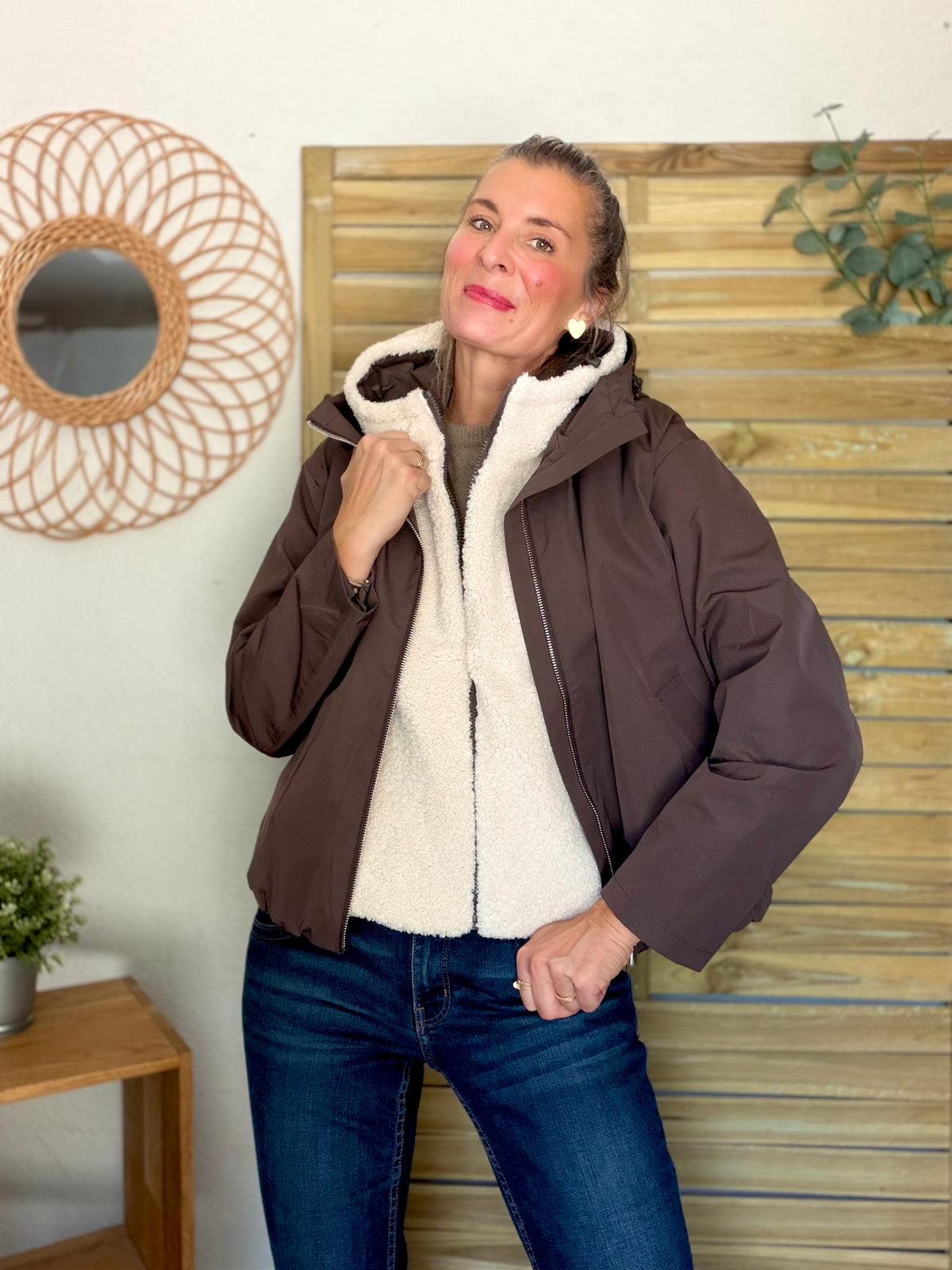 LAURA JO - Col capuche amovible réversible TONY - Choco / Sherpa écru