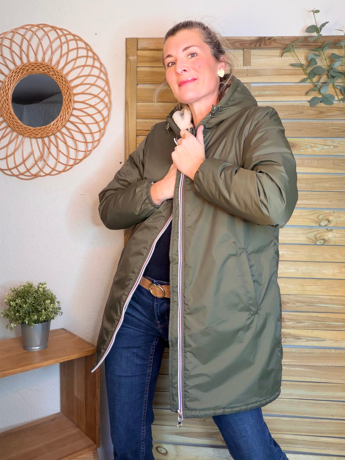 LAURA JO - Parka Imperméable LOUISE LONG Sherpa écru - Kaki • DÉSTOCKAGE sur taille S