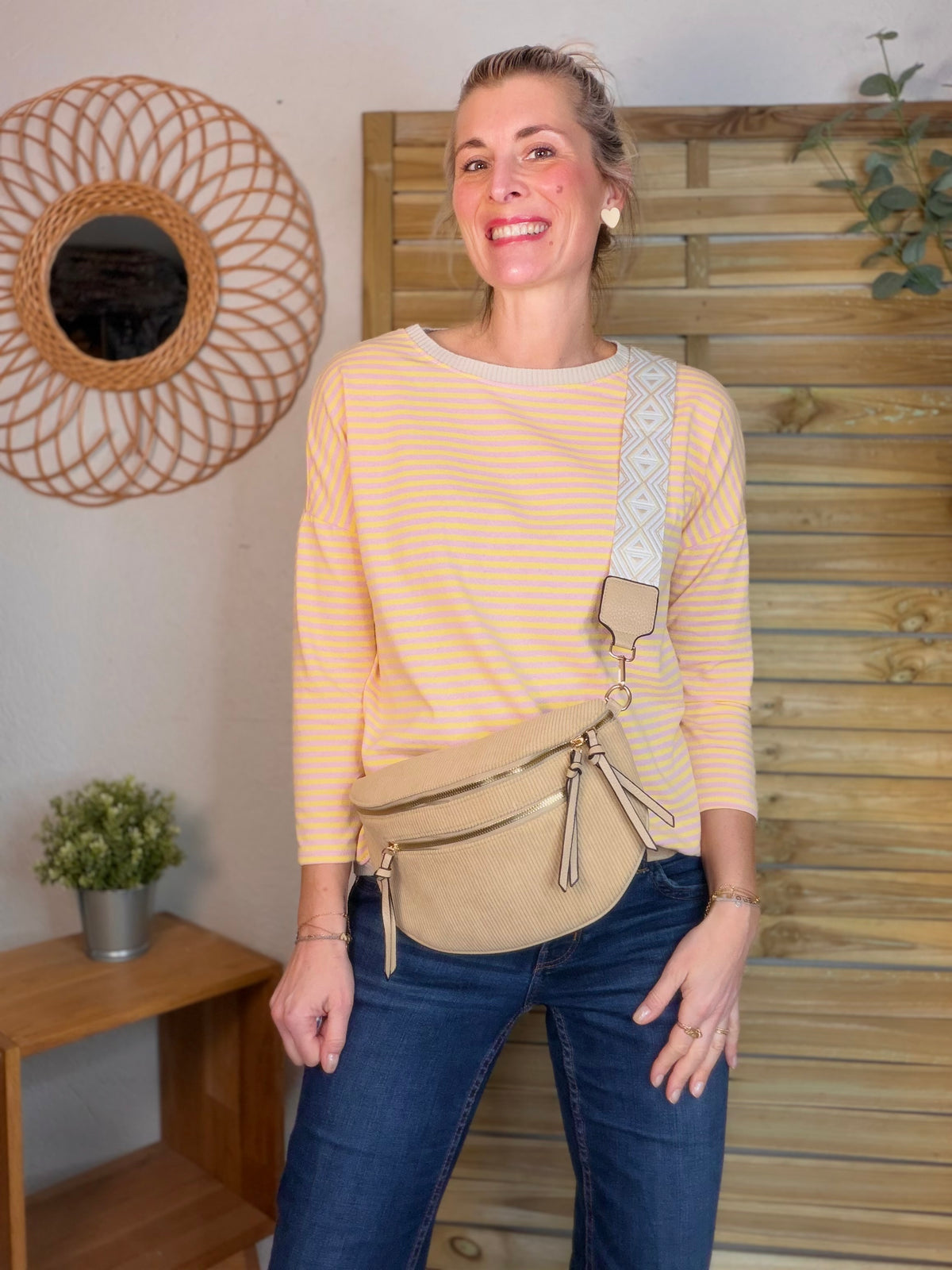Sac banane en velours côtelé, sangle fantaisie - KATY - Camel clair - FIN DE SÉRIE
