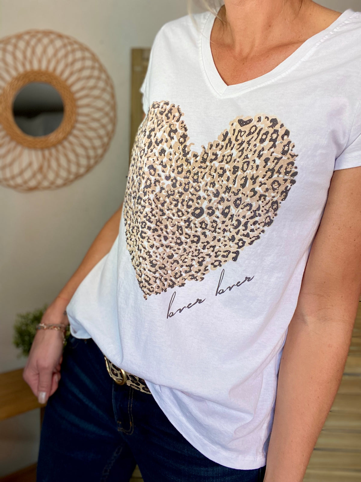 Tee shirt grand coeur léo et strass 💛🐆 THALIA Blanc - FIN DE SÉRIE