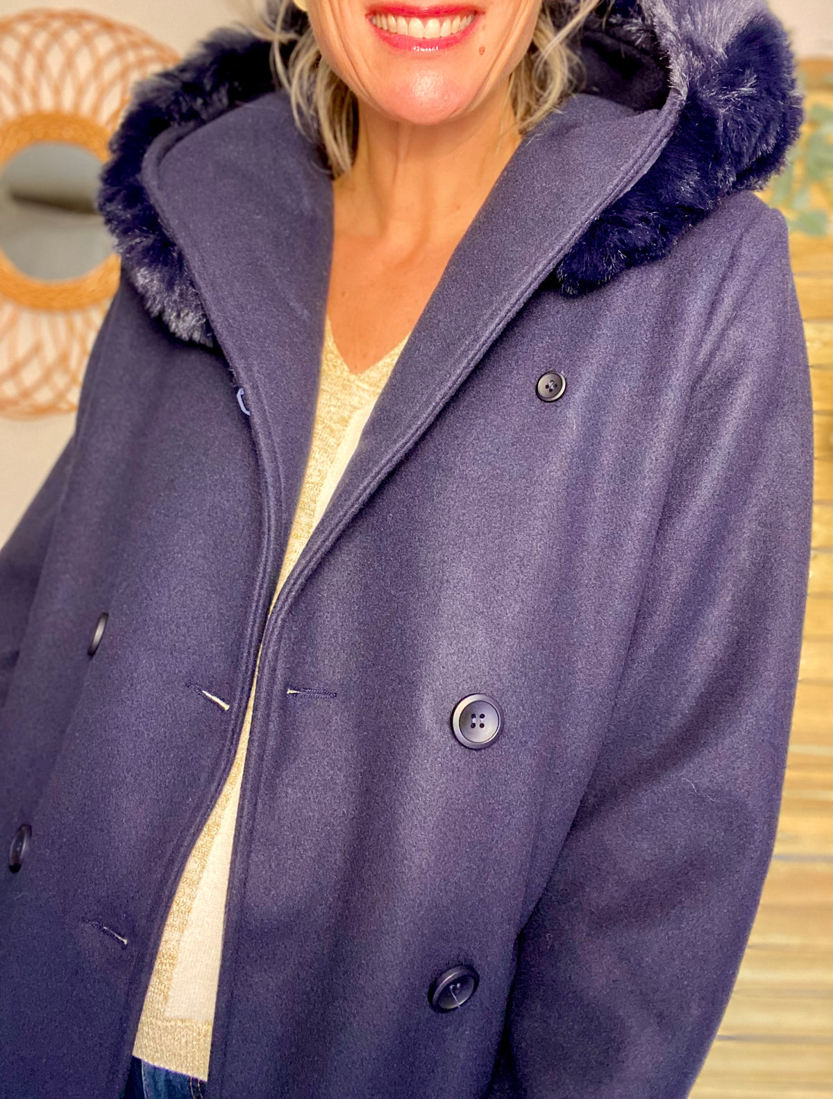LAURA JO - Manteau caban ESTHER avec capuche et col fausse fourrure amovible - Bleu marine - FIN DE SÉRIE