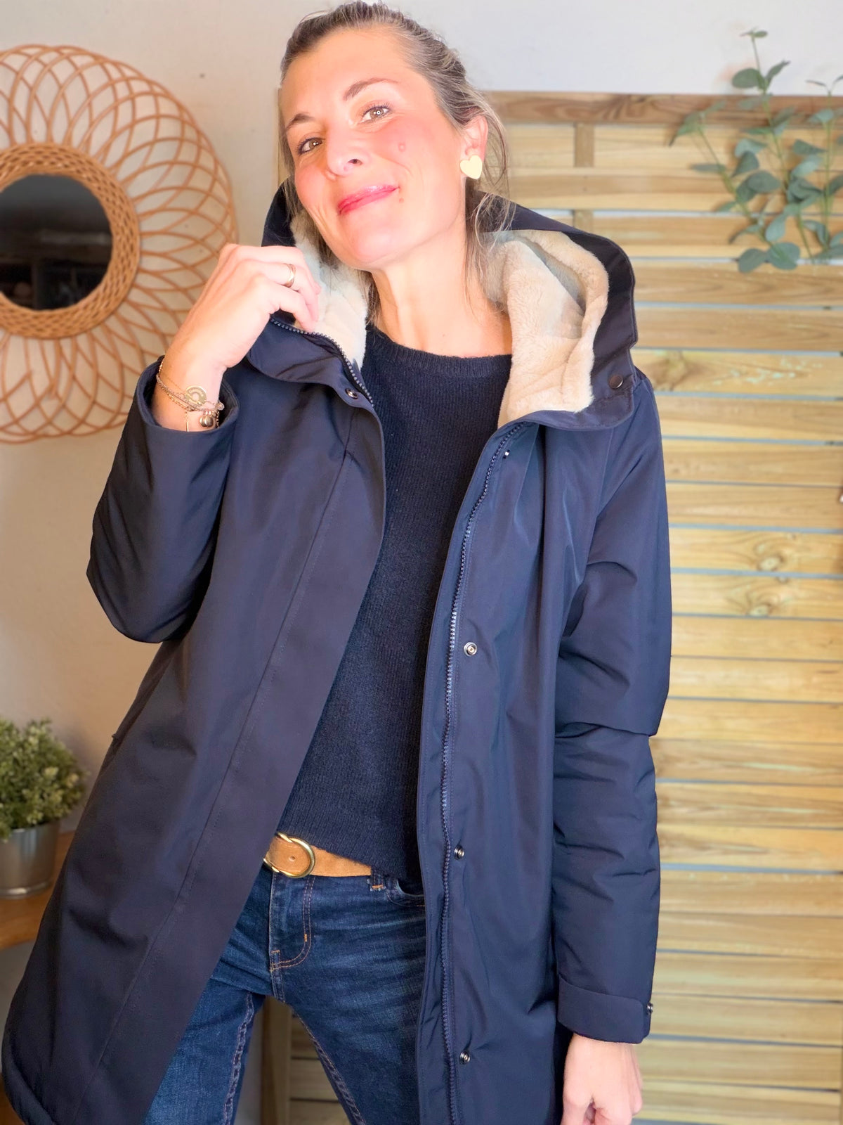 LAURA JO - Parka fourrée imperméable AMBRE LONG - Bleu marine / Beige