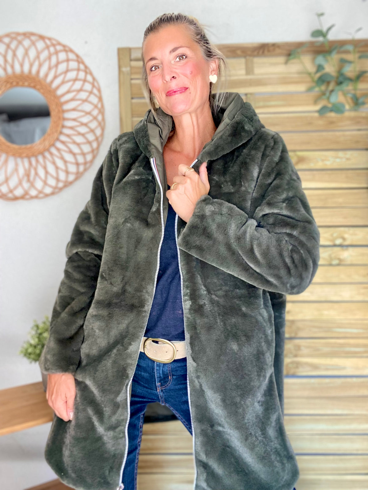 LAURA JO - Parka Imperméable réversible fourrée Kaki / Kaki ALIX Long • DÉSTOCKAGE sur Taille S