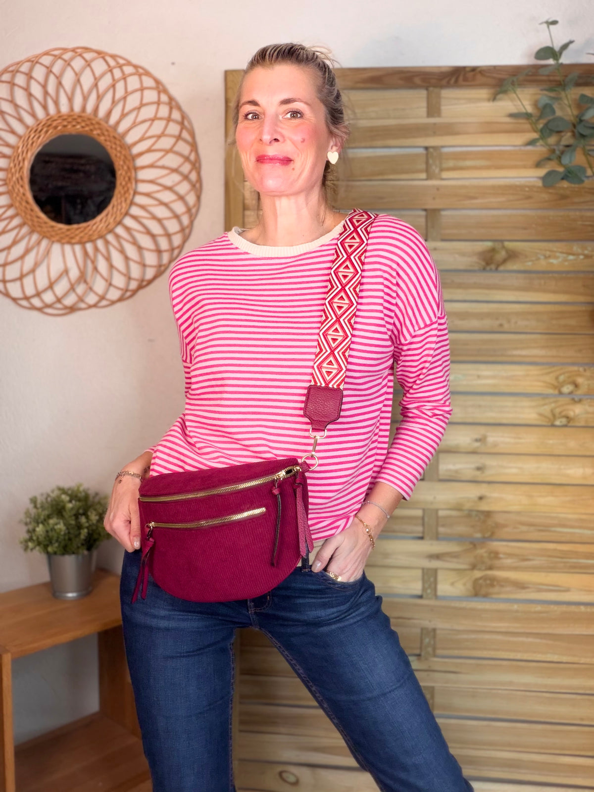 Sac banane en velours côtelé, sangle fantaisie - KATY - Bordeaux - FIN DE SÉRIE