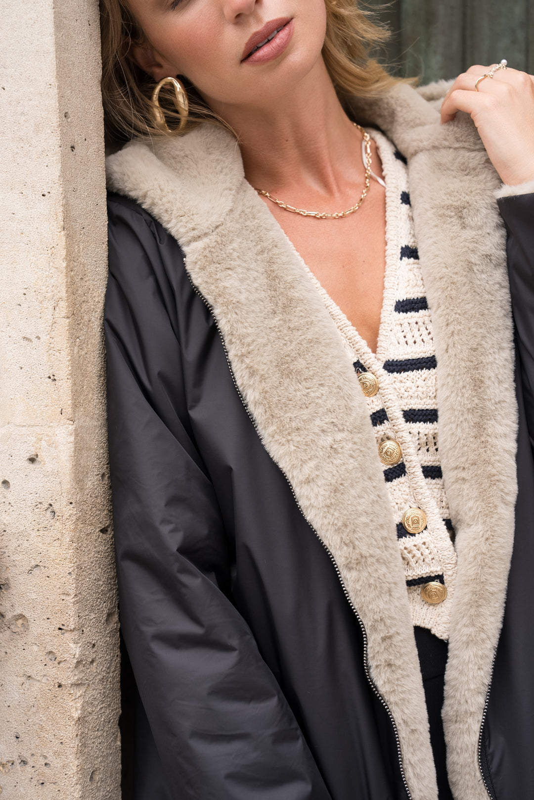 LAURA JO - Parka Imperméable réversible fourrée Noir / Beige ALIX long
