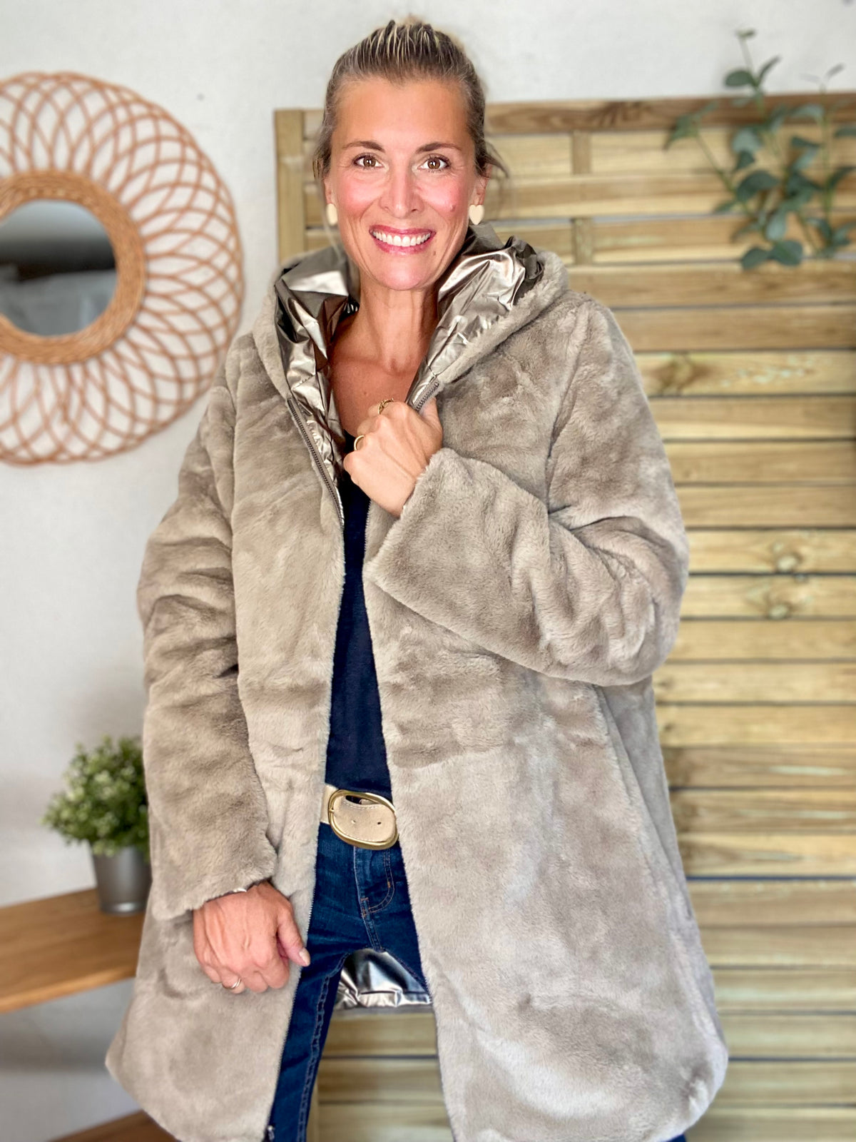LAURA JO - Parka Imperméable réversible fourrée Bronze / Beige ALIX Long