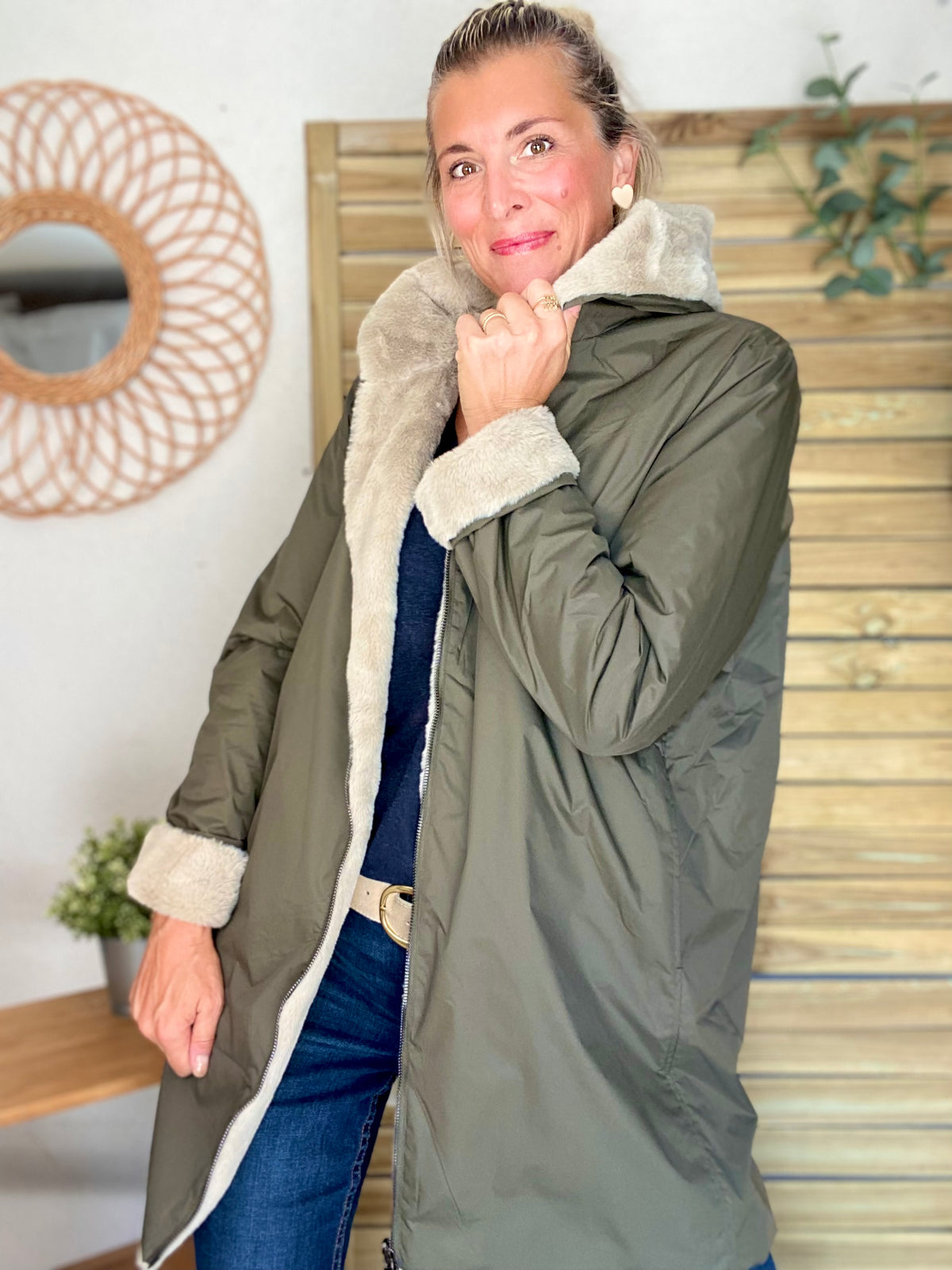 LAURA JO - Parka Imperméable réversible fourrée Kaki / Beige ALIX Long