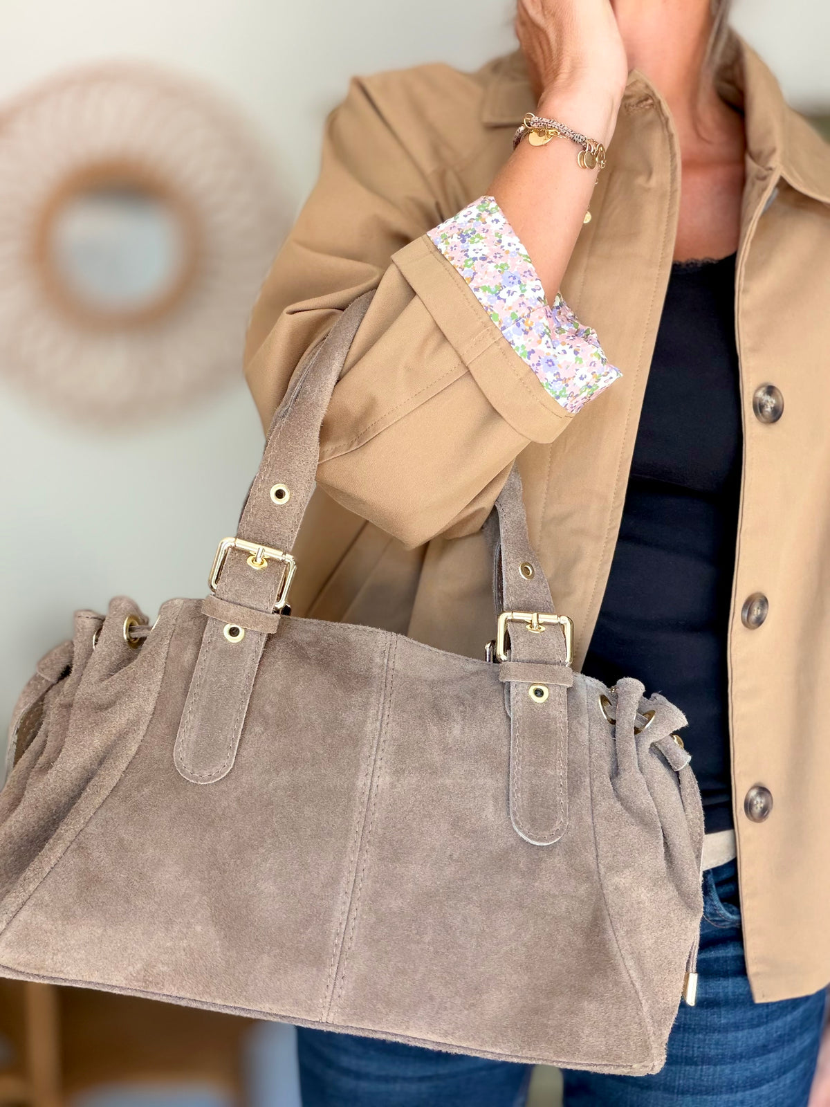 Sac à main en cuir daim GERY - Taupe