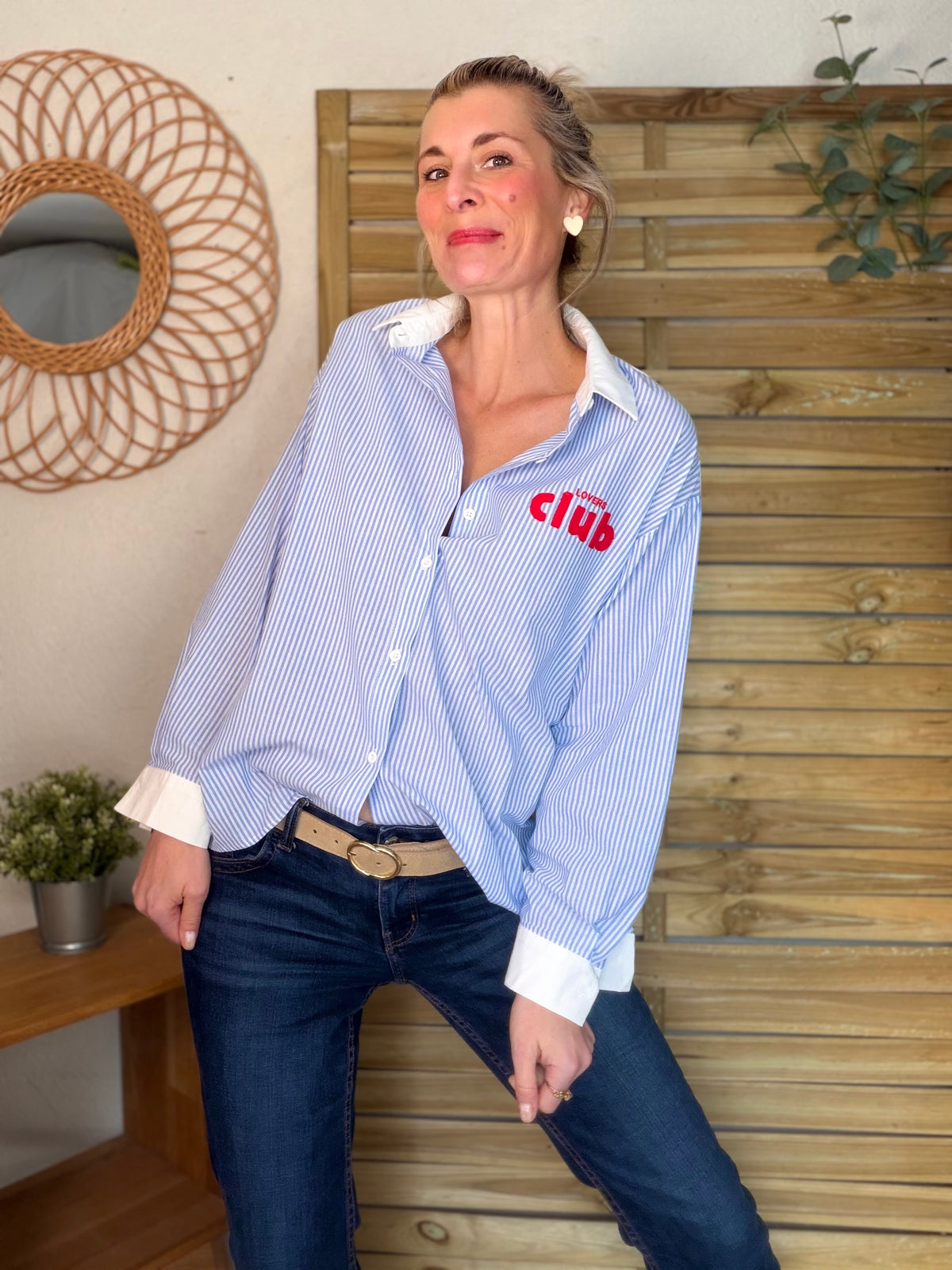 Chemise bleue rayée brodée CAFÉ LOVERS CLUB - LISA - FIN DE SÉRIE