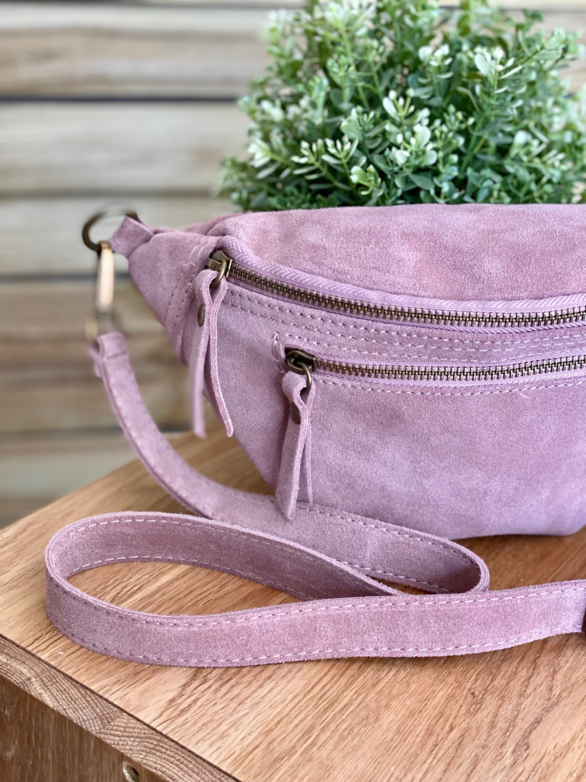 Sac banane double poche en cuir daim - OPALINE - Rose clair / Vieux rose